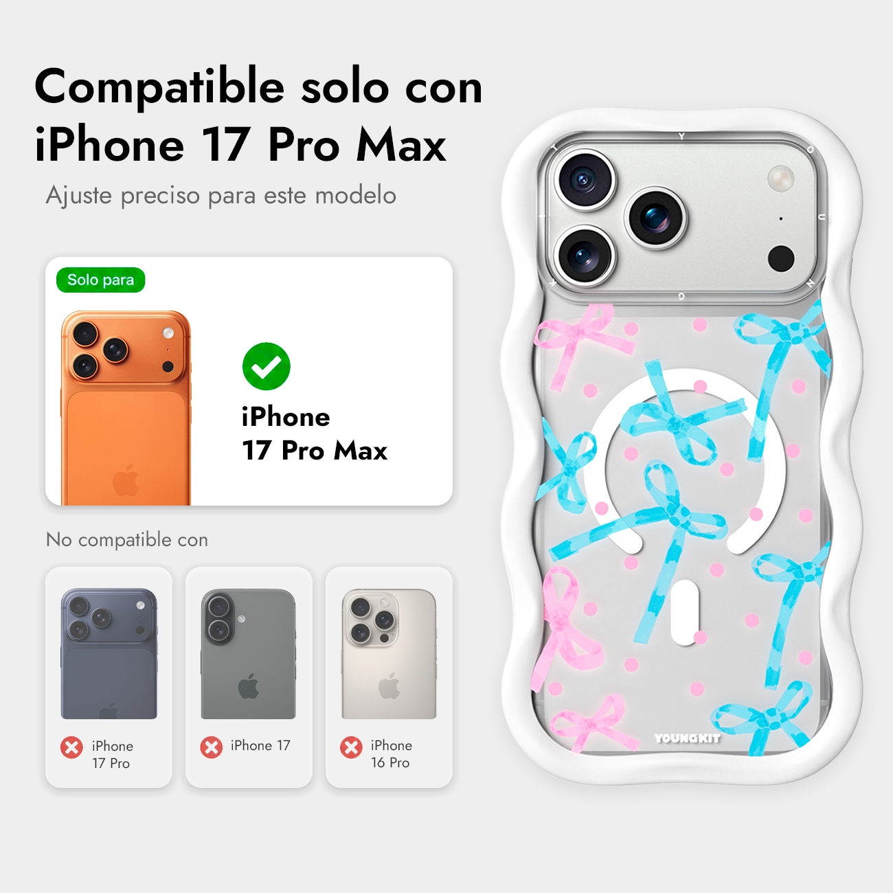 Funda ondulada con lazos azules y rosas, compatible solo con iPhone 17 Pro Max.