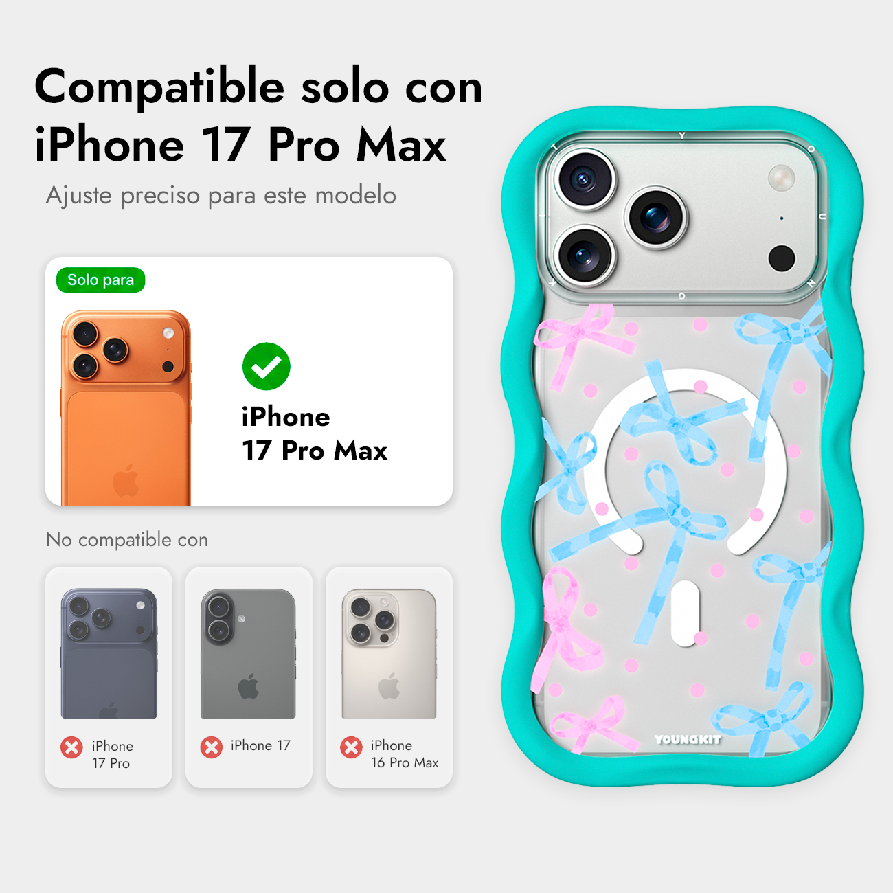 Funda turquesa ondulada con lazos para iPhone 17 Pro Max y tablas de compatibilidad.