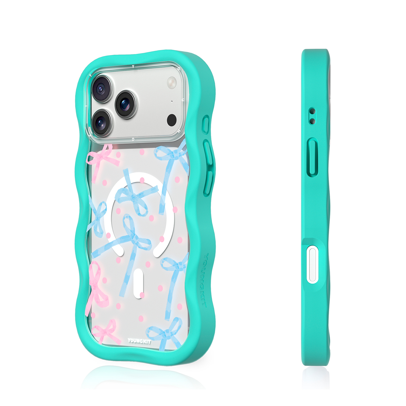 Funda de teléfono ondulada verde azulado con parte trasera transparente con lazos y puntos, vista trasera y lateral.