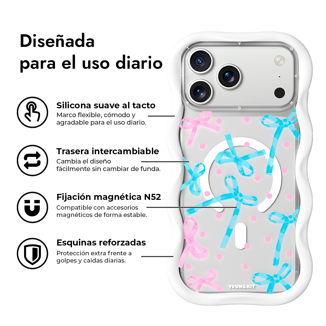 Funda de móvil ondulada con lazos azules y rosas y texto en español.