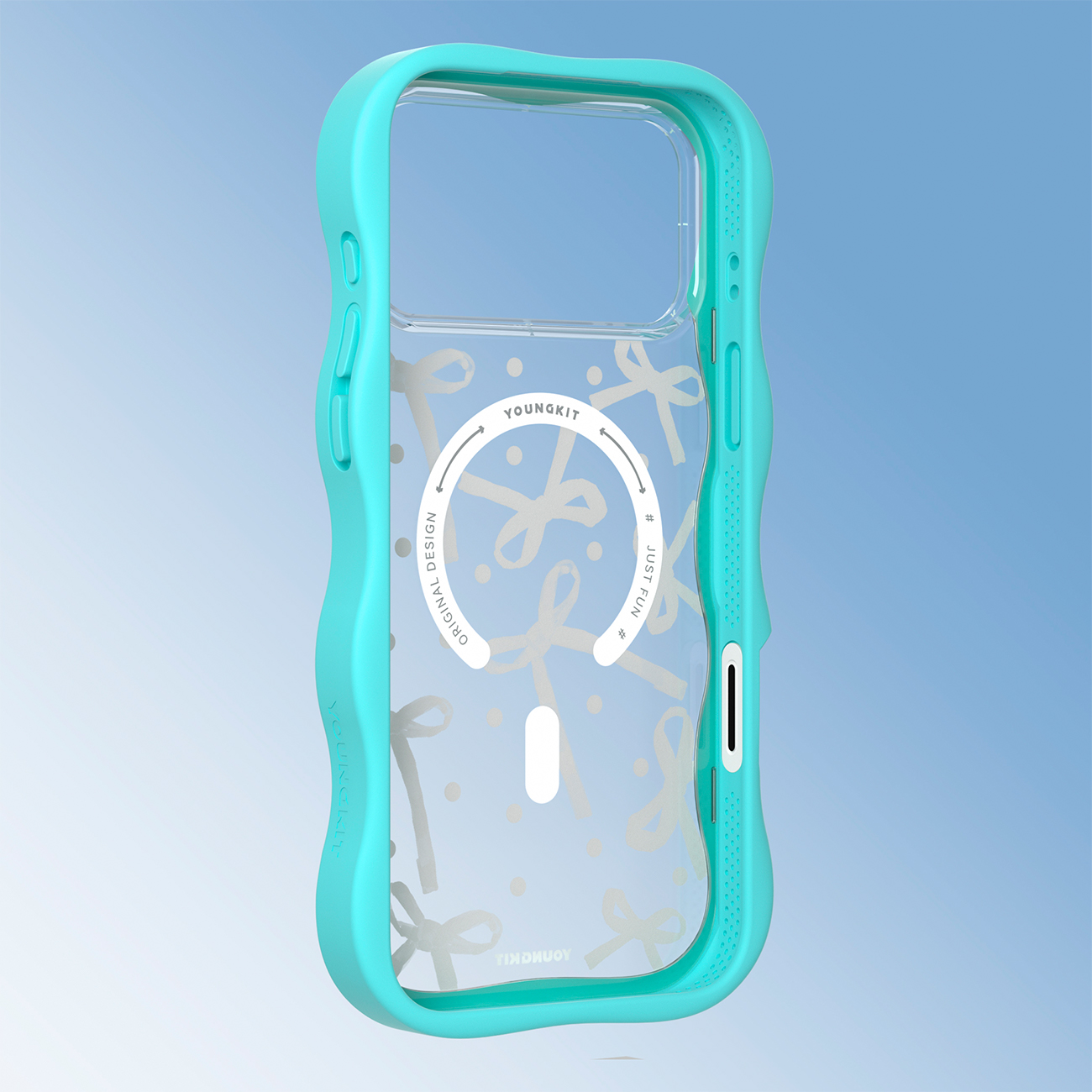 Fundador de teléfono turquesa con bordes ondulados y trasera transparente con lazos blancos sobre fondo azul.