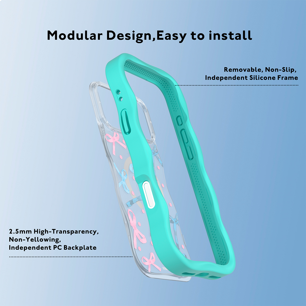Vista explosionada de una funda de móvil modular con marco de silicona turquesa y trasera transparente.