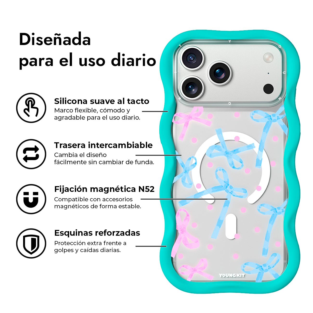 Fundador de teléfono turquesa con lazos rosas y azules, anillo magnético y texto en español sobre características.