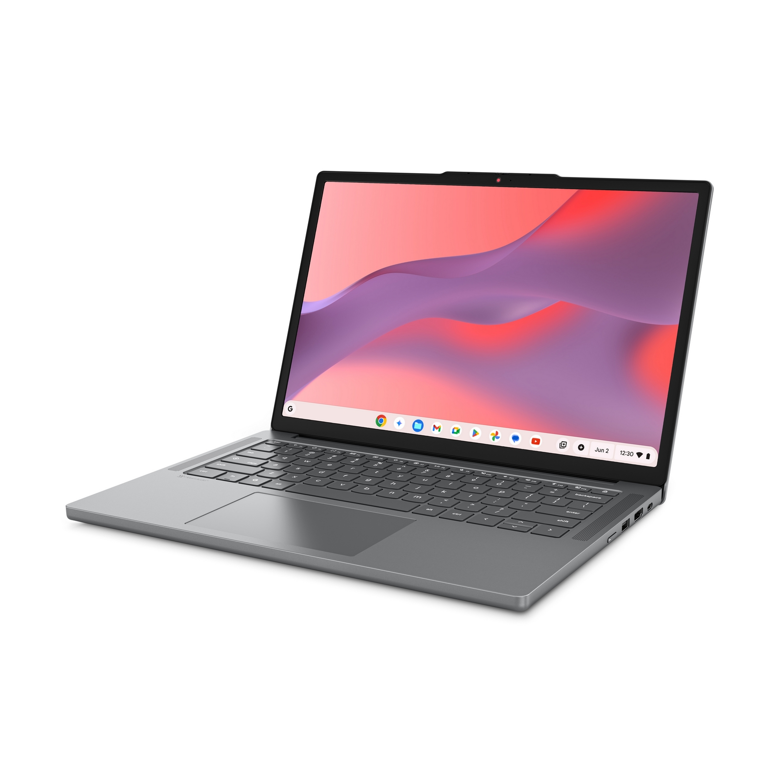 Un computer portatile grigio con uno sfondo astratto e colorato su uno sfondo bianco.