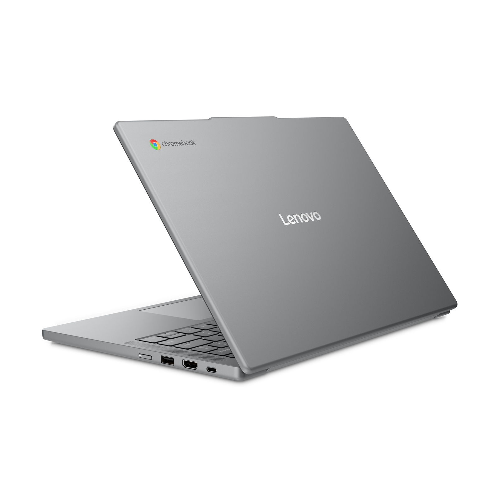 Un computer portatile Lenovo Chromebook argentato è semiaperto su sfondo bianco.