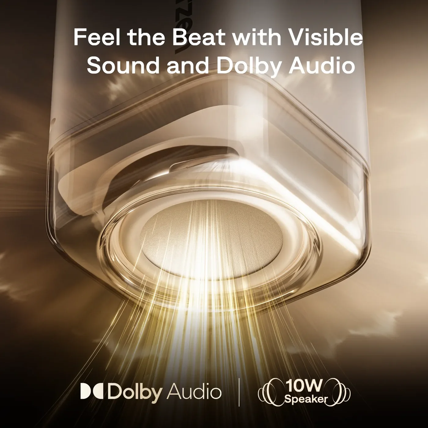 Beyaz bir hoparlör, Dolby Audio ve 10W hoparlör metniyle ışık demetleri yayıyor.