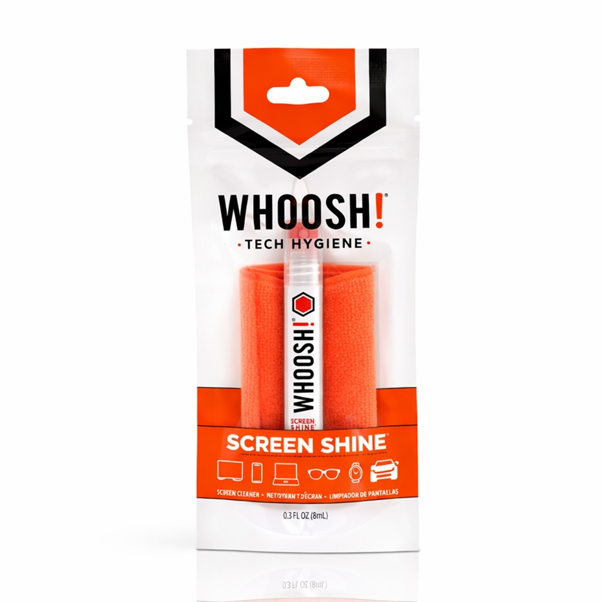 Zestaw Whoosh! Screen Shine ze sprayem czyszczącym i pomarańczową ściereczką z mikrofibry.