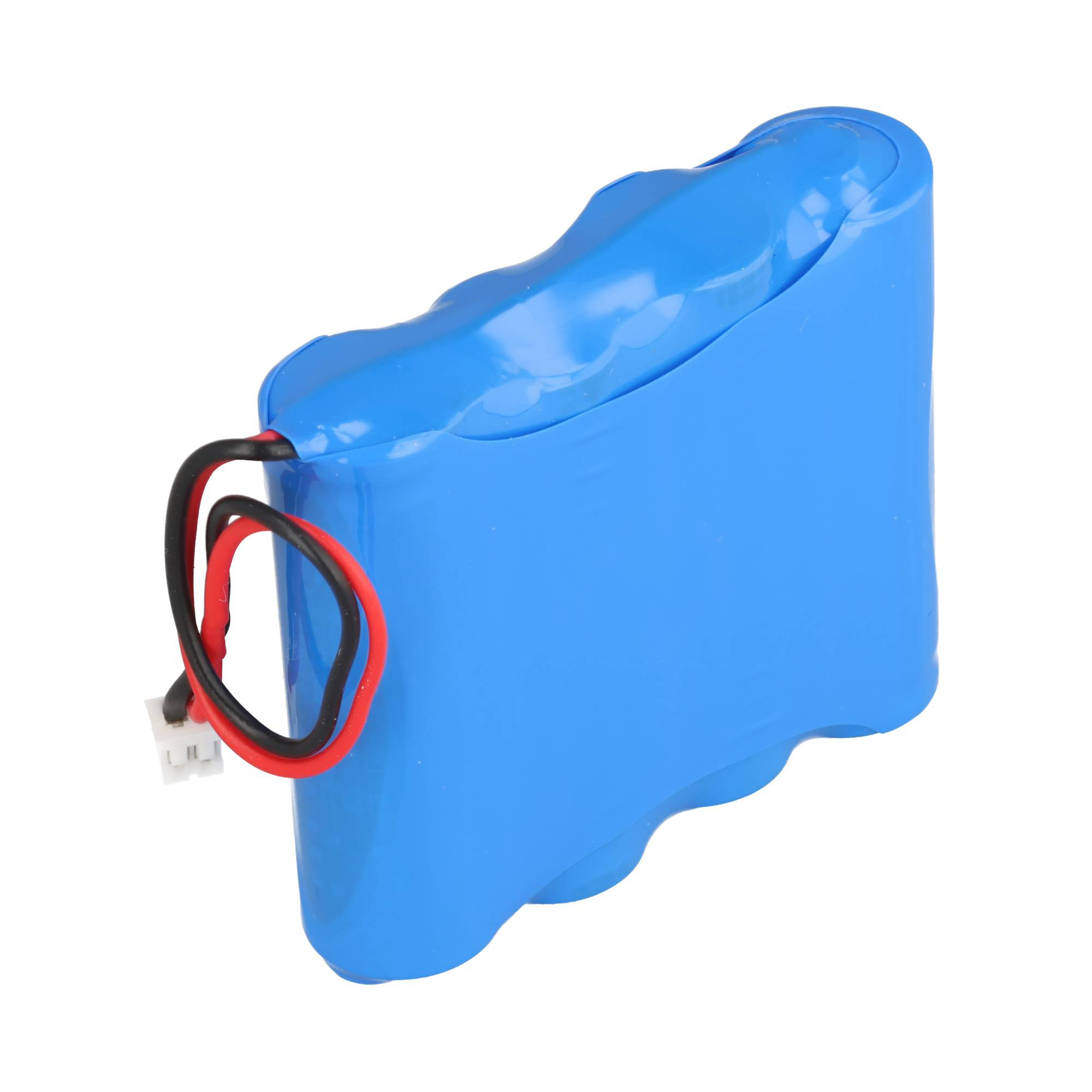 Ein blauer Akkupack mit einem roten und einem schwarzen Kabel und einem weißen Stecker.