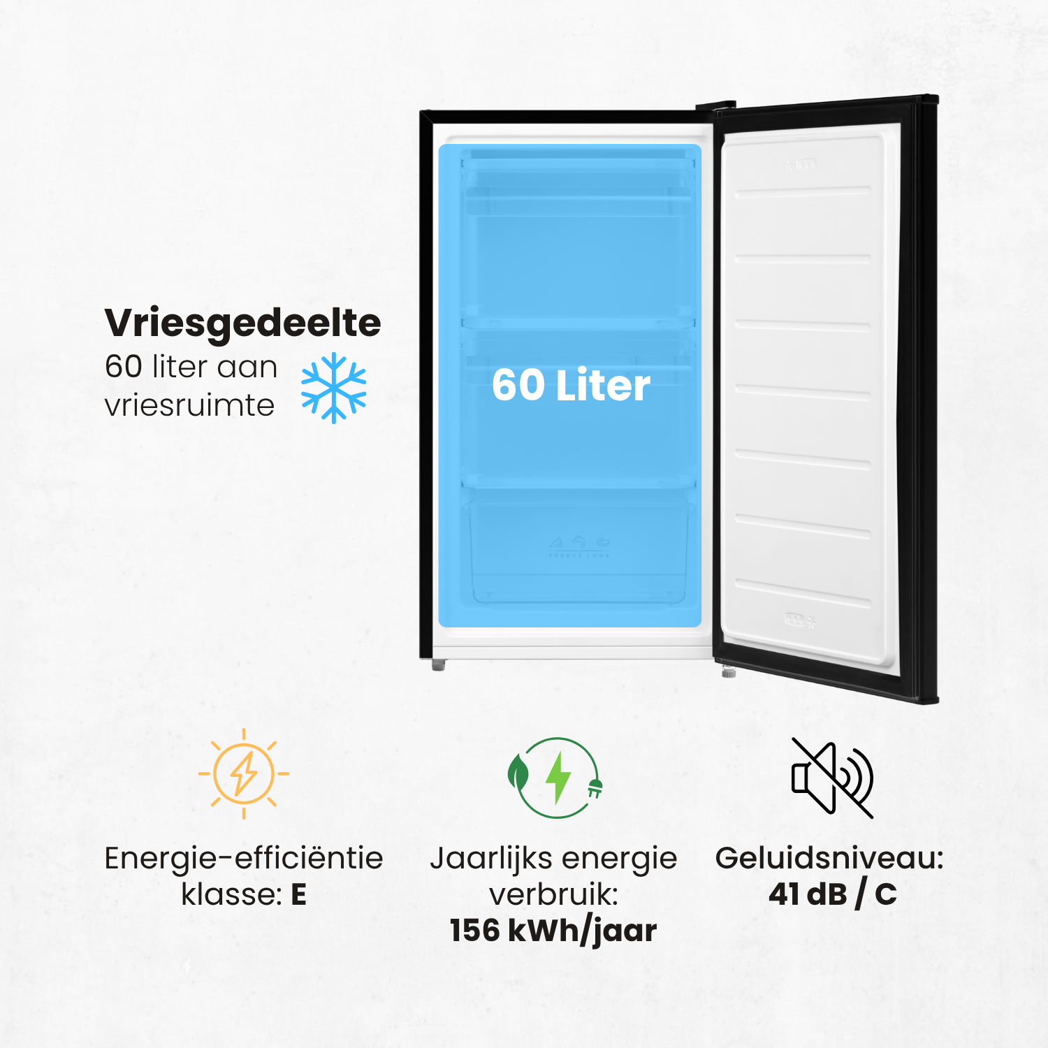 Congelador negro abierto con 60 litros, clase energética E, 156 kWh/año y 41 dB.