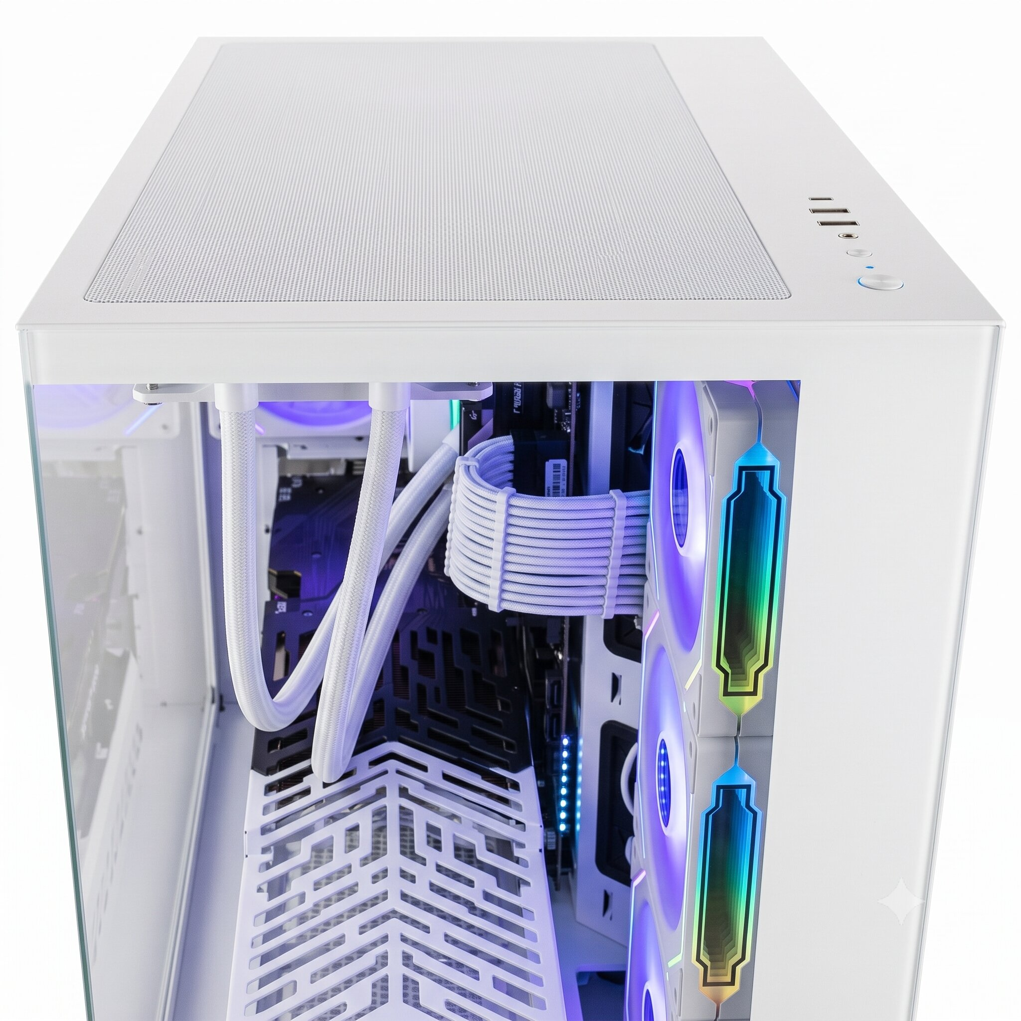 Un case PC bianco con ventole RGB interne, tubi di raffreddamento a liquido e cavi ordinati.