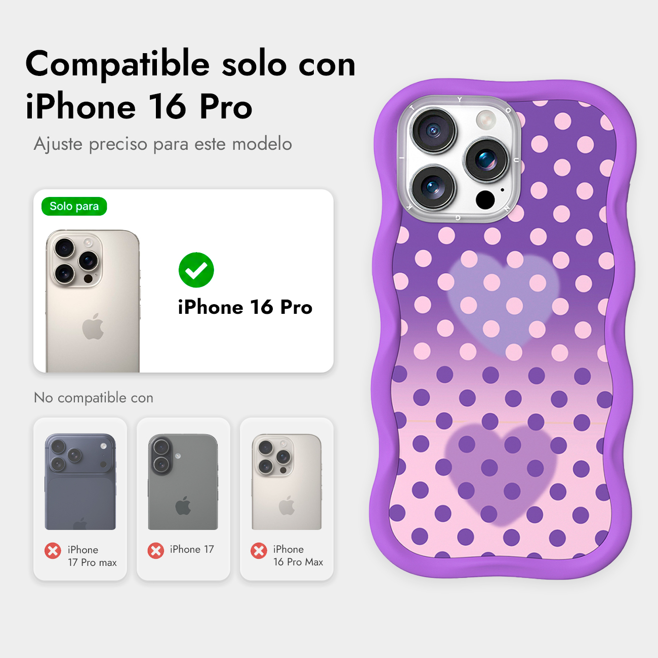 Funda de móvil morada ondulada con lunares y corazones rosados, compatible solo con iPhone 16 Pro.