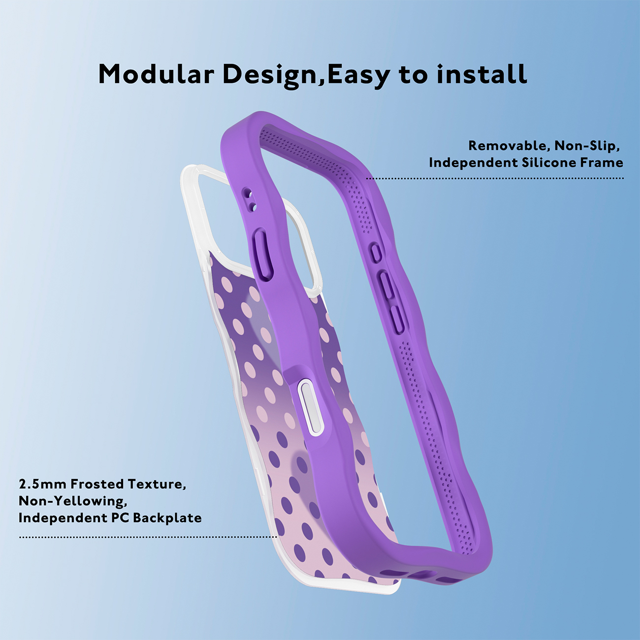 Vista explosionada de una funda morada para teléfono con respaldo transparente de puntos y descripciones.
