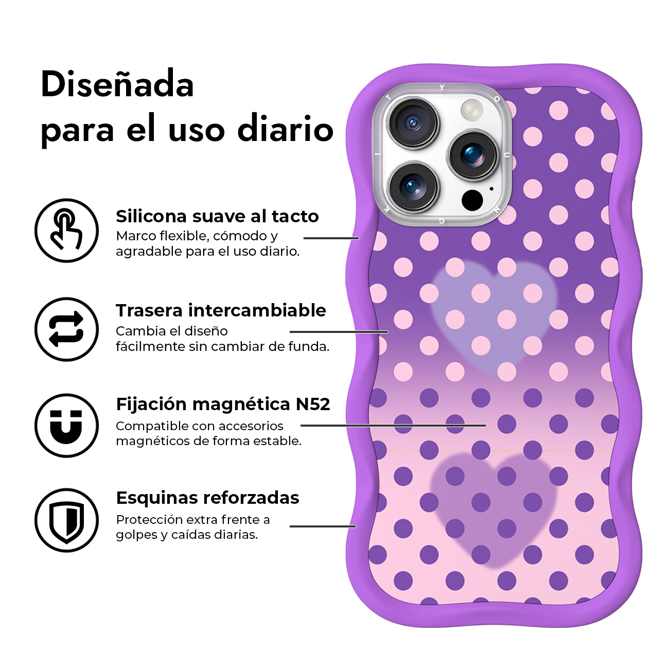 Funda morada con lunares rosas y corazones, con cuatro iconos de características y texto en español a la izquierda.