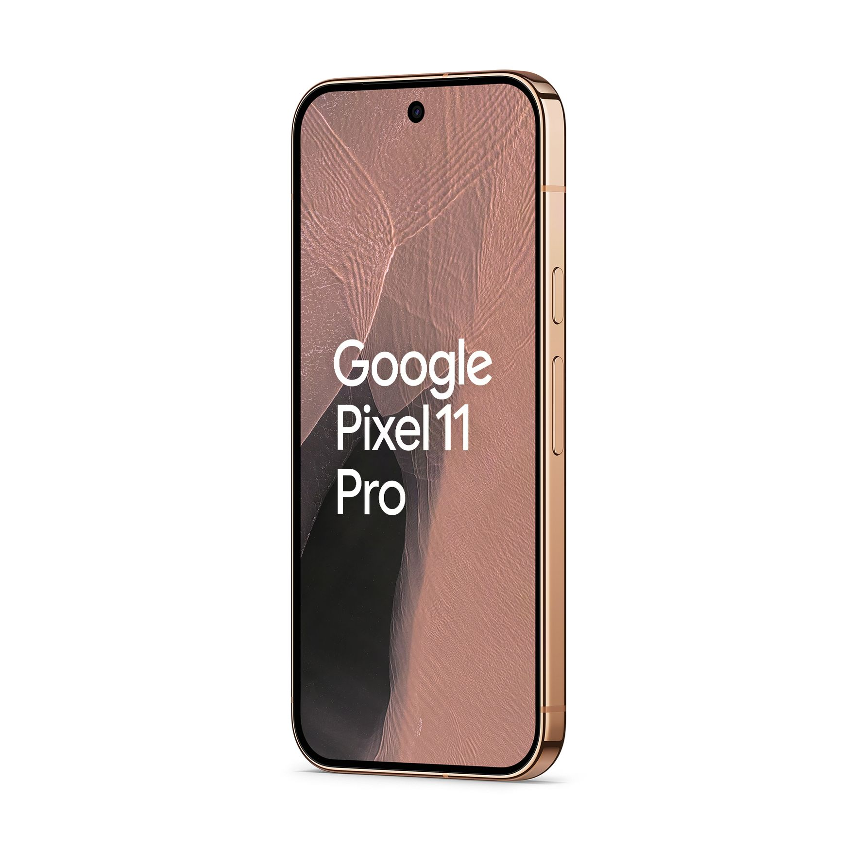 Smartfon Google Pixel 11 Pro w kolorze różowego złota stoi pionowo na białym tle z tekstem na wyświetlaczu.
