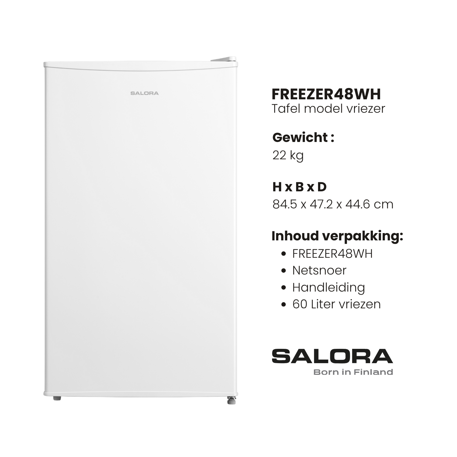 Un congelador de mesa Salora blanco con sus especificaciones y contenido en holandés.
