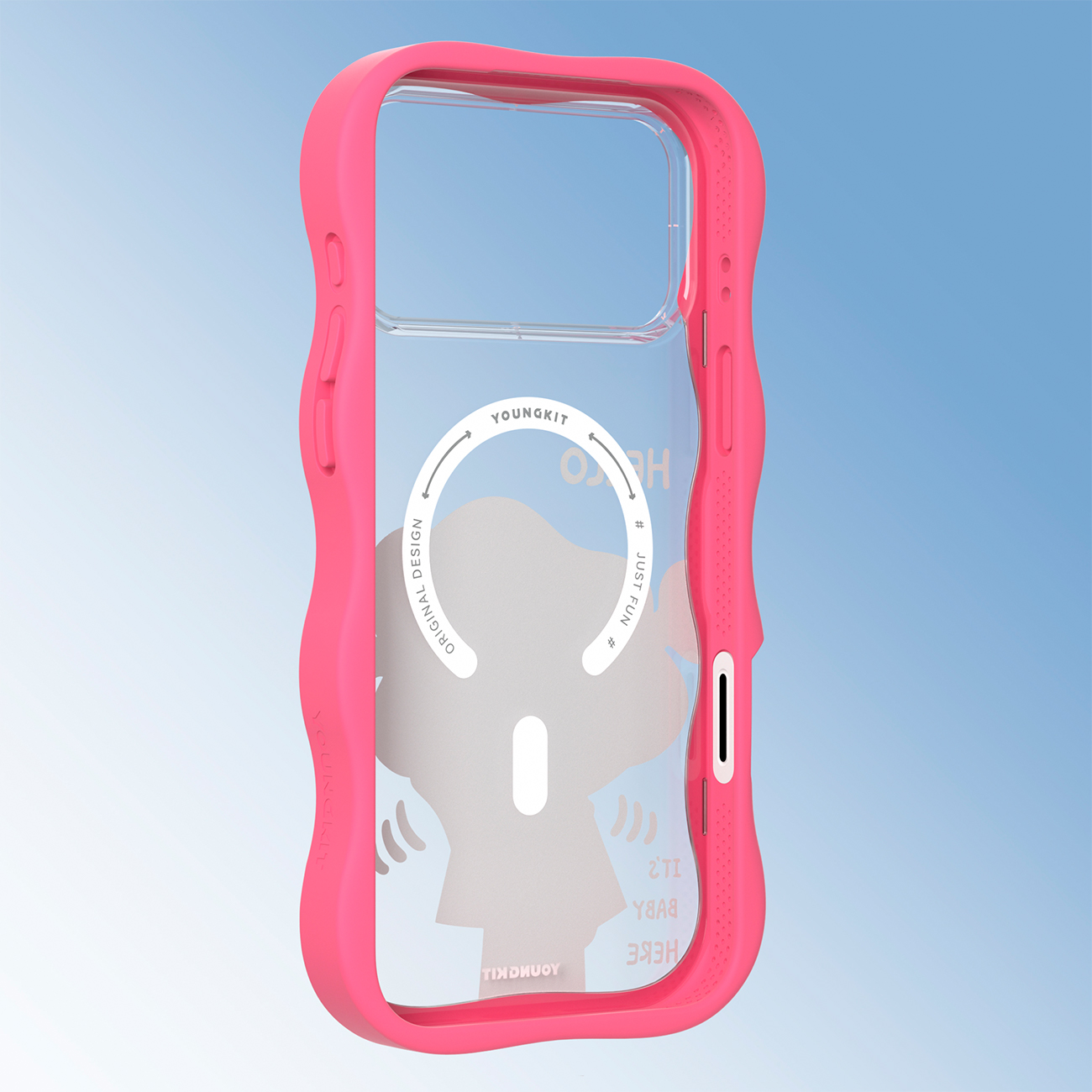 Una funda de móvil rosa ondulada con parte trasera transparente, anillo blanco y estampados sobre fondo azul.