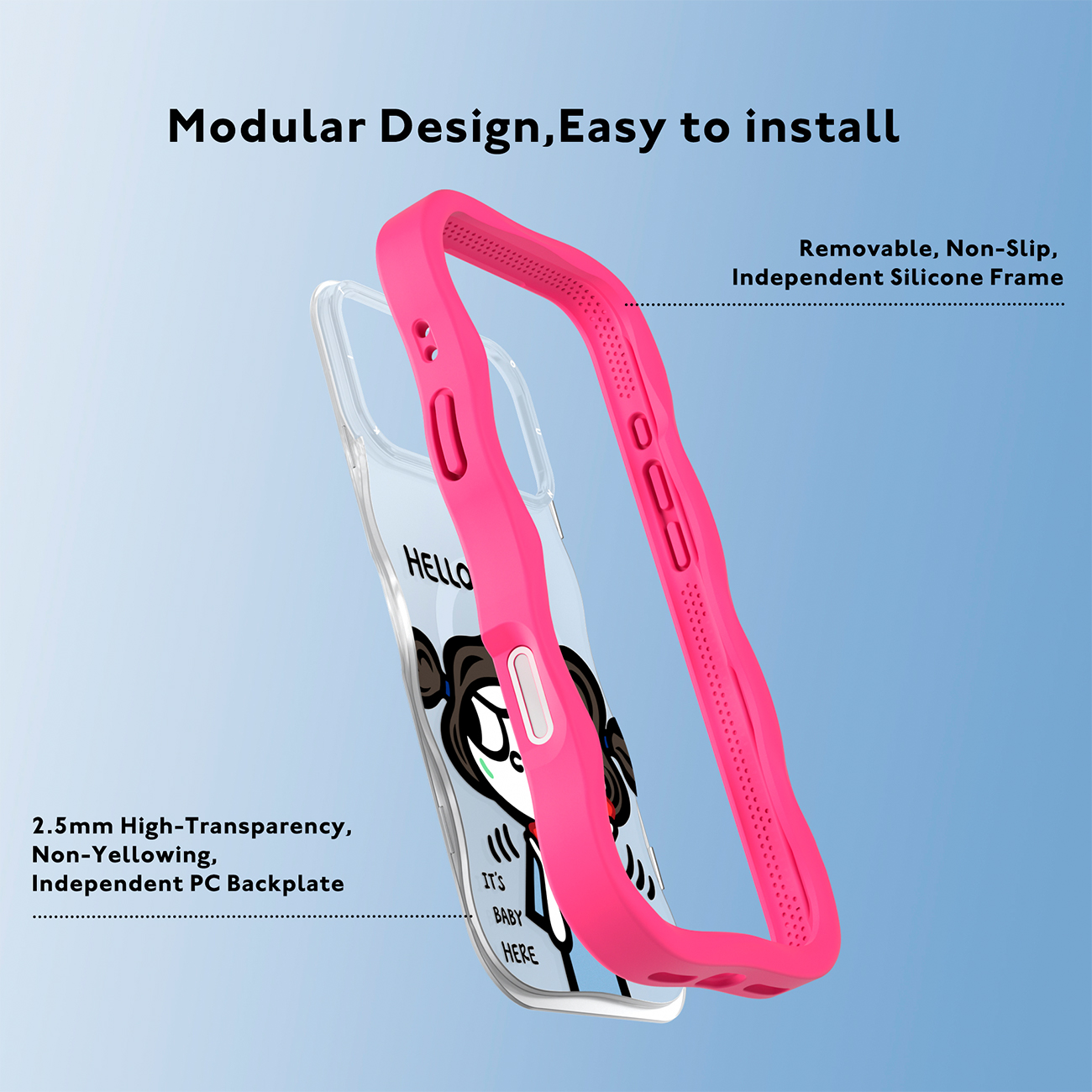 Funda para teléfono con parte trasera transparente y marco rosa extraíble.