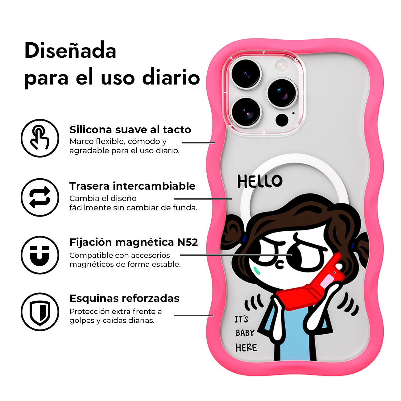 Funda de móvil rosa con niña de dibujos animados, características y texto en español.