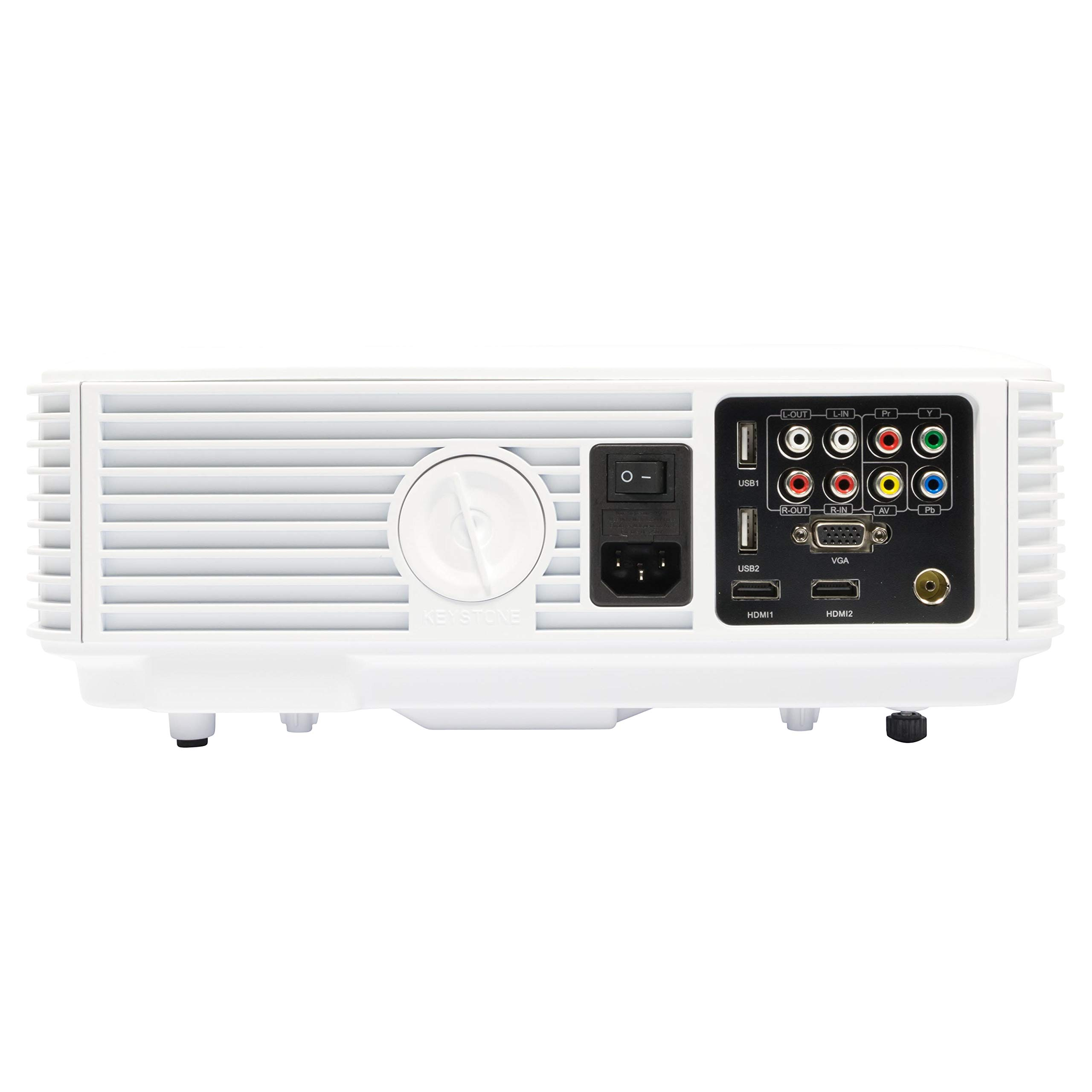 Panel trasero de un proyector blanco con rueda keystone, interruptor, toma de corriente, puertos USB, VGA, AV y HDMI.