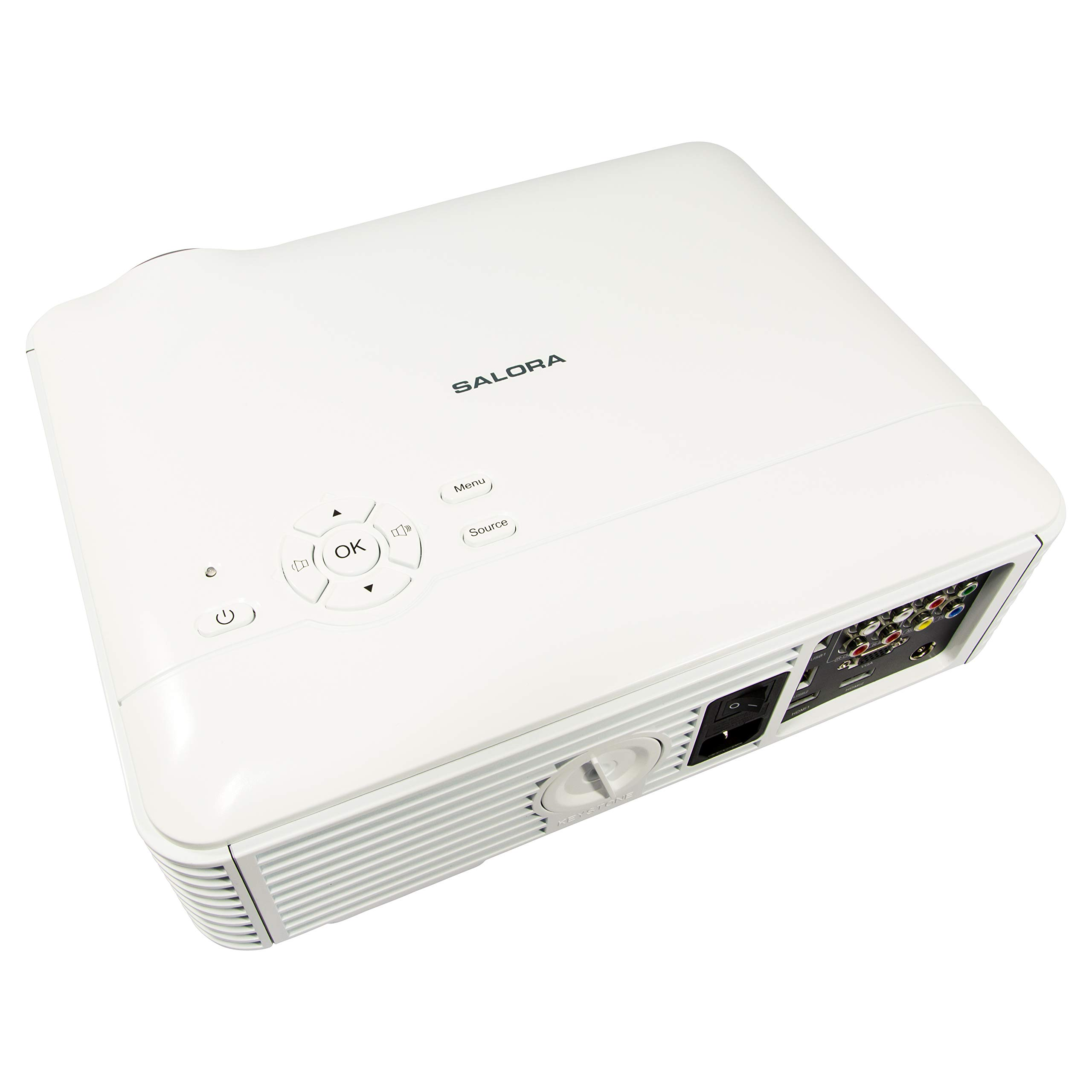 Un proyector blanco Salora con controles superiores y puertos traseros sobre fondo blanco.