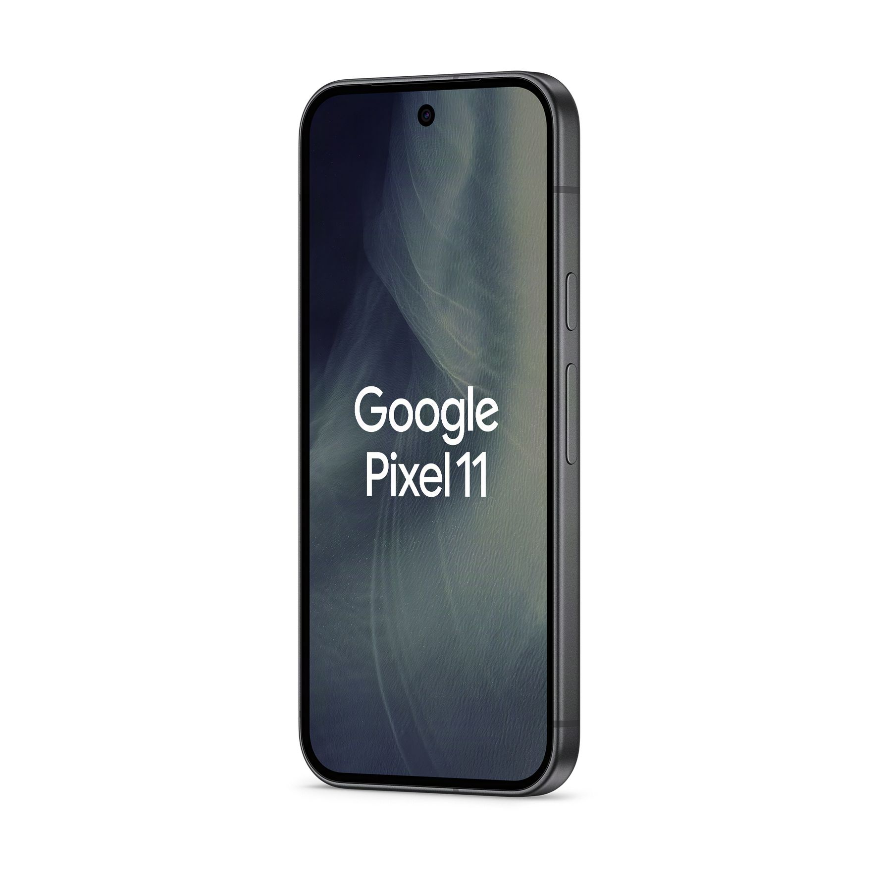 Ein graues Google Pixel 11 Smartphone steht aufrecht, mit dem Text Google Pixel 11 auf dem dunklen Bildschirm.