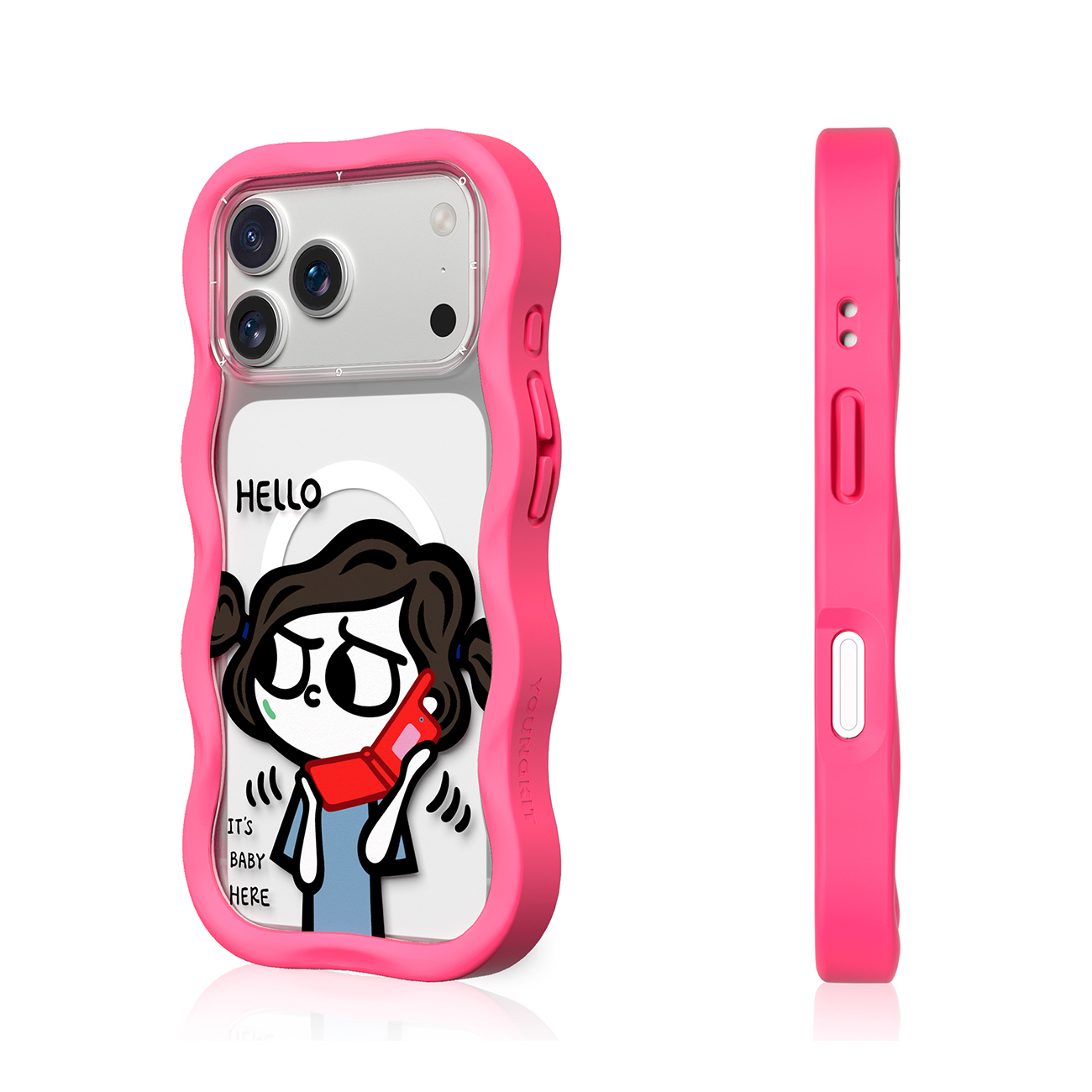 Funda de móvil rosa ondulada con una chica de dibujos animados con un teléfono rojo, vista trasera y lateral.