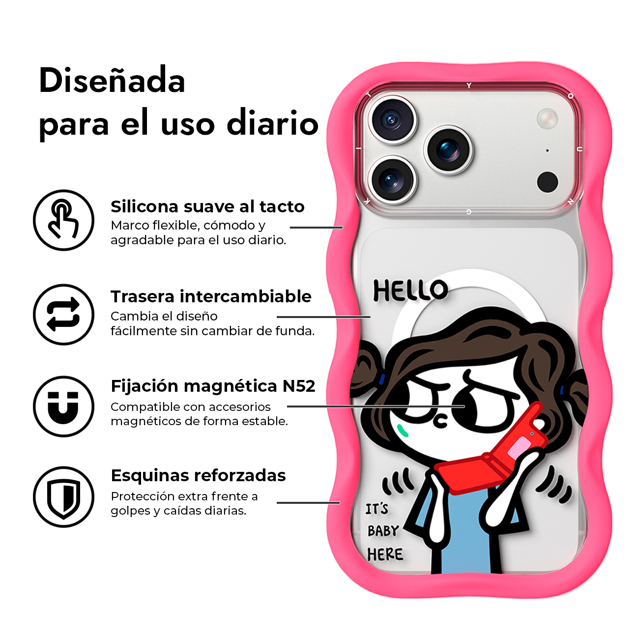 Funda de móvil rosa ondulada con chica de dibujos animados y texto.