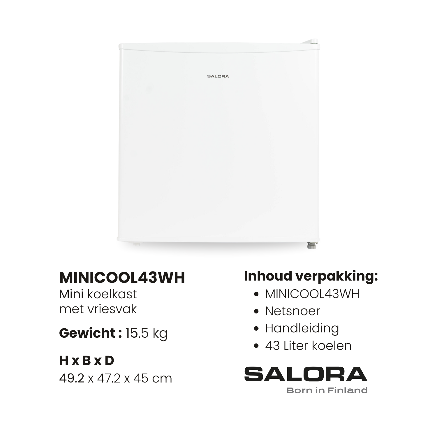 Mini frigorífico blanco Salora con especificaciones técnicas y contenido.