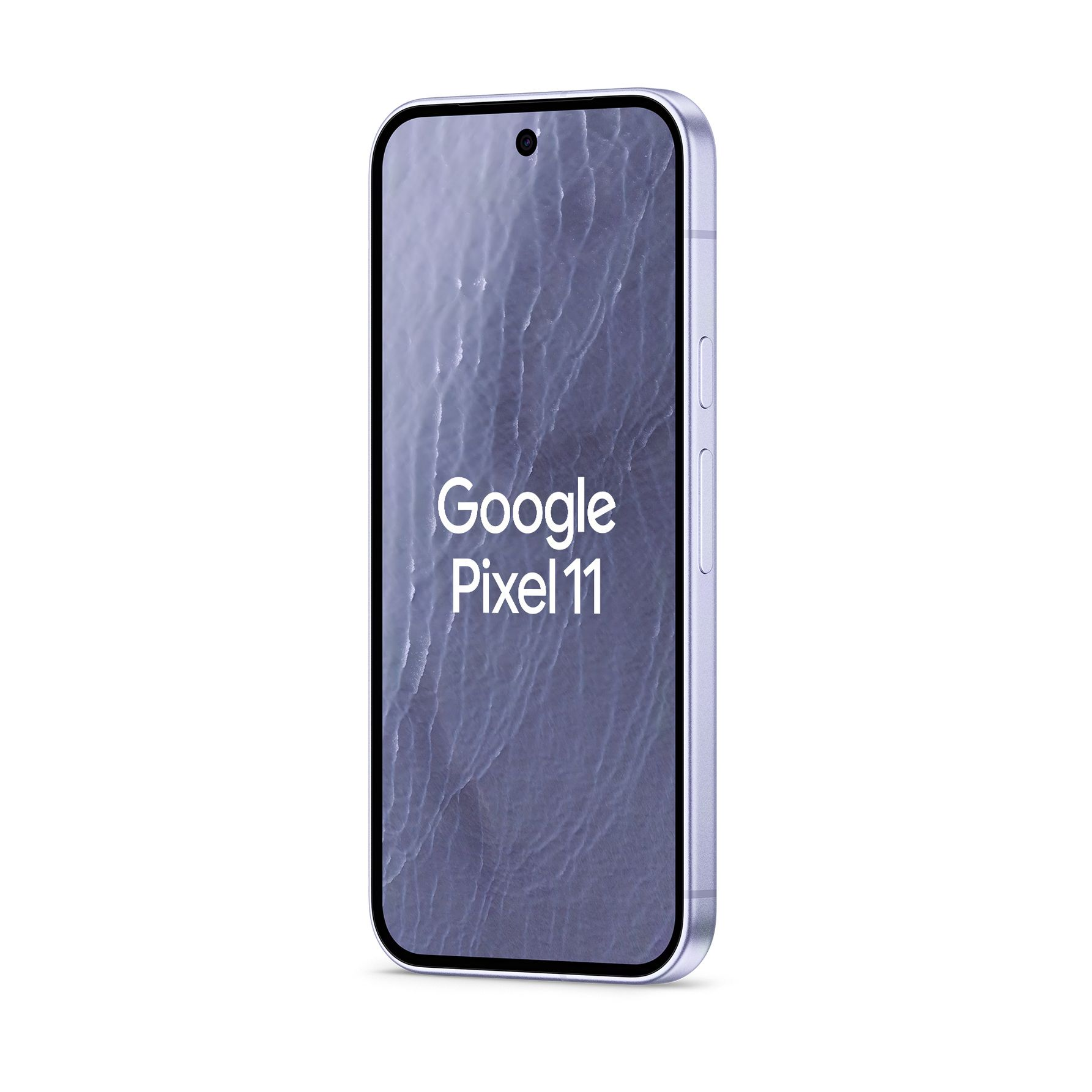 Fioletowy smartfon na białym tle z napisem 'Google Pixel 11' na ekranie.