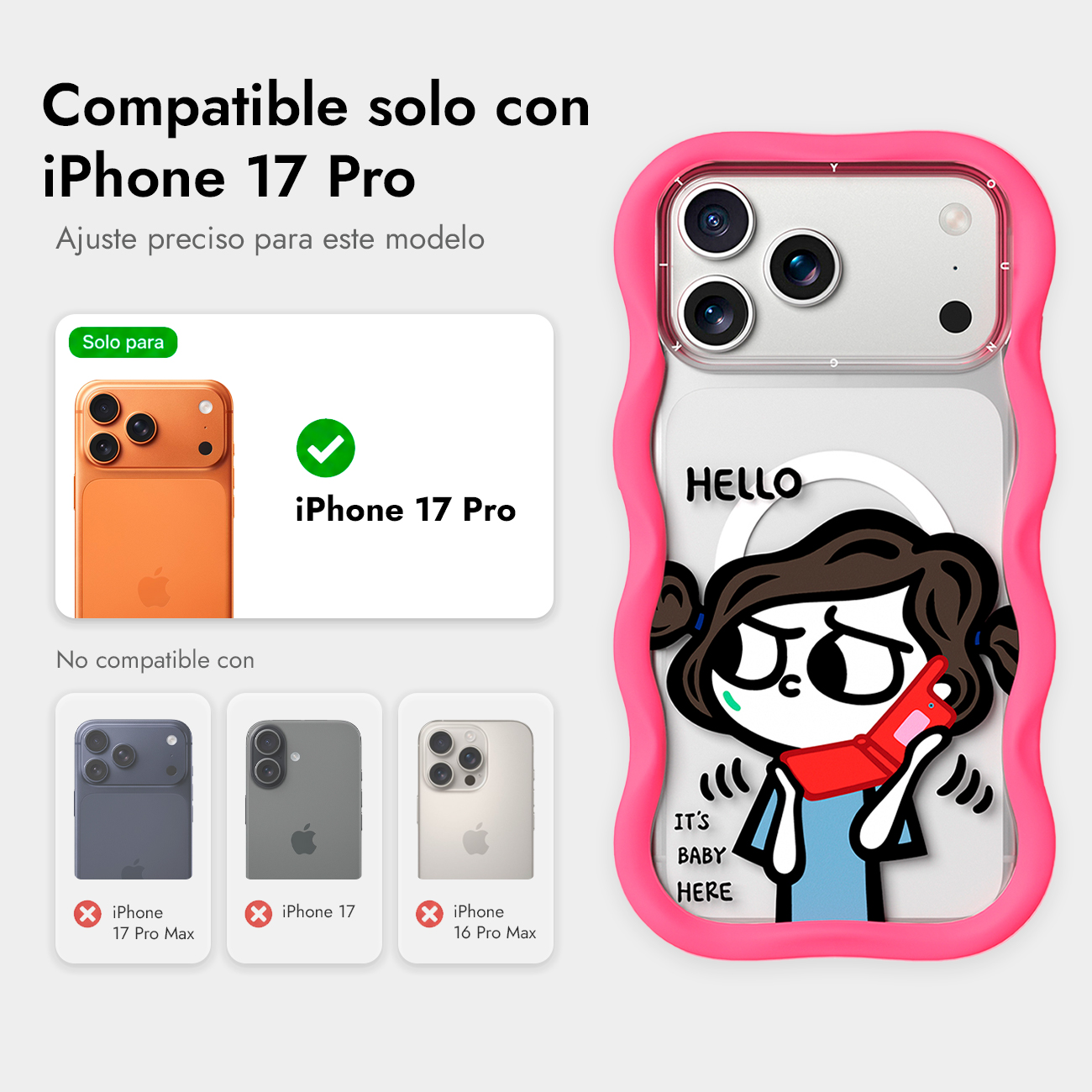 Funda rosa ondulada para iPhone 17 Pro con una niña de dibujos animados y texto, más info de compatibilidad.