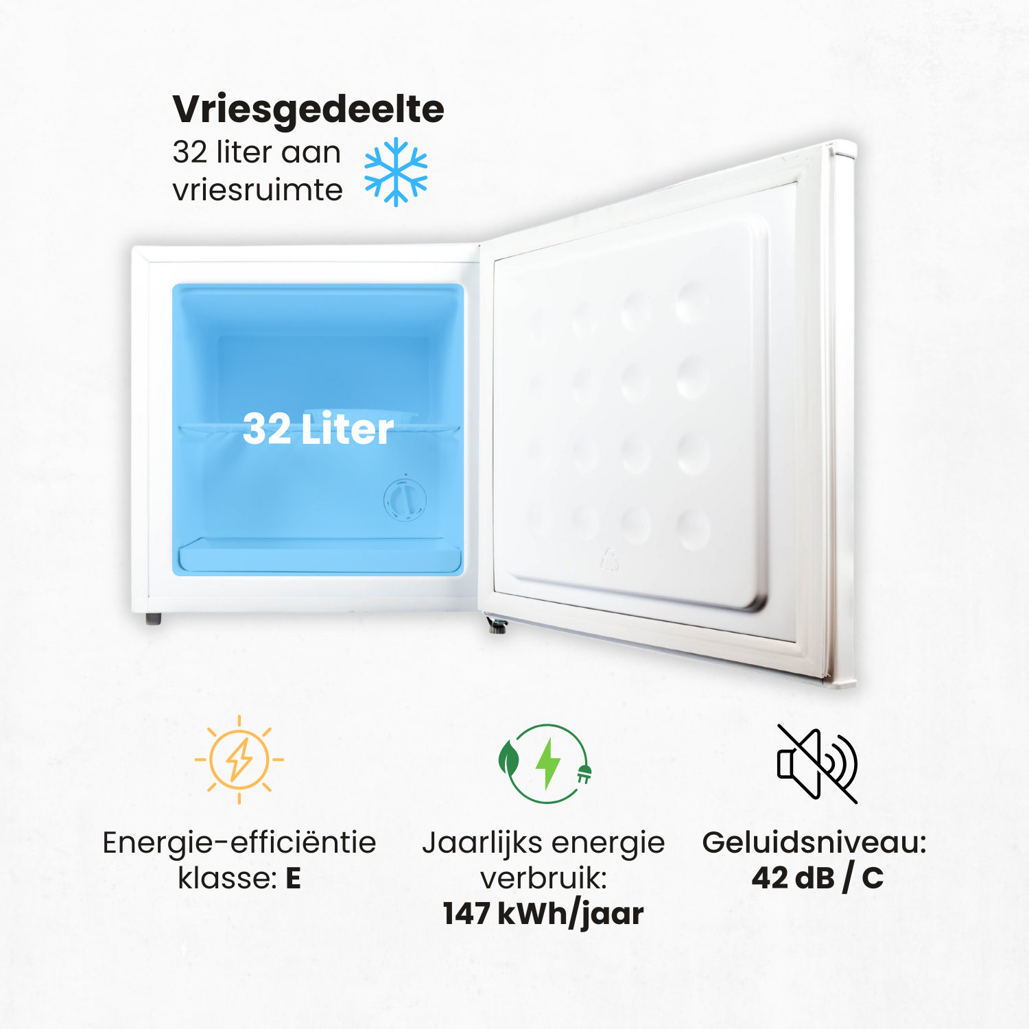 Pequeño congelador blanco con 32 litros, clase energética E, 147 kWh/año y 42 dB.