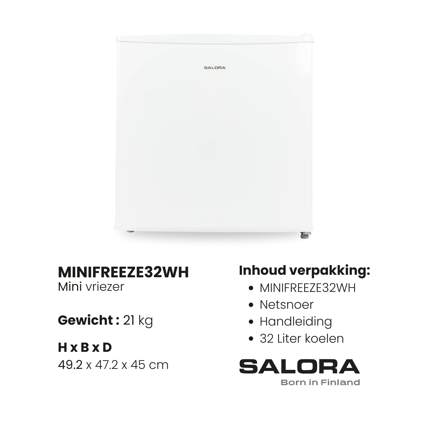 Minicongelador Salora, blanco, con peso, dimensiones y contenido listados sobre fondo blanco.
