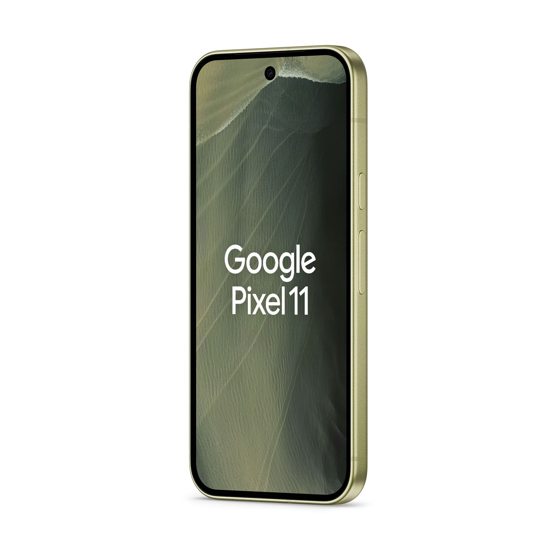 Ein goldenes Google Pixel 11 Smartphone mit abgerundeten Ecken und dem Text Google Pixel 11 auf dem Display.