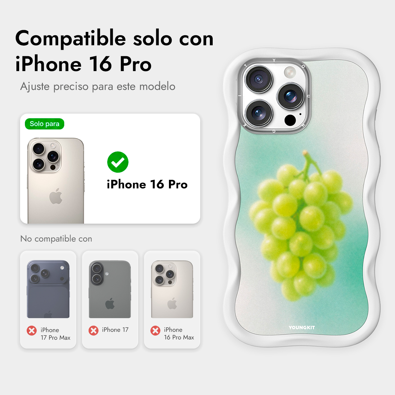Funda ondulada con uvas verdes, compatible solo con iPhone 16 Pro.