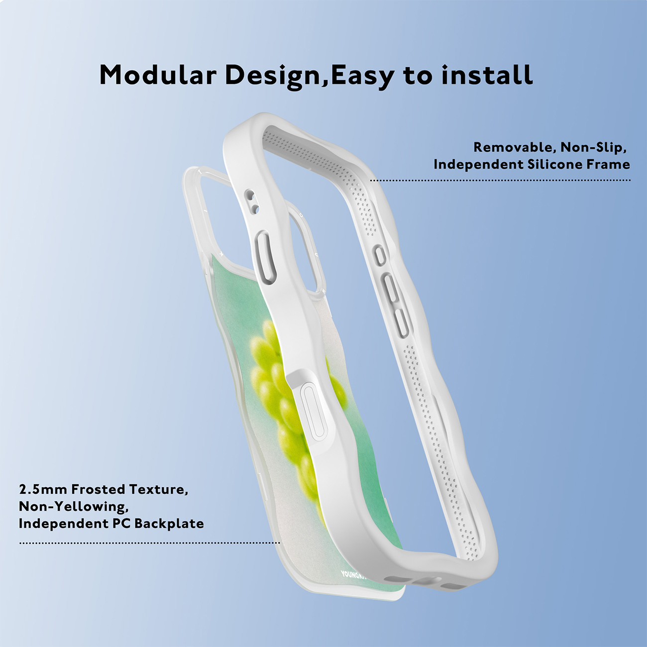 Vista explosionada de una funda modular con marco de silicona blanca y trasera con diseño de uvas verdes.