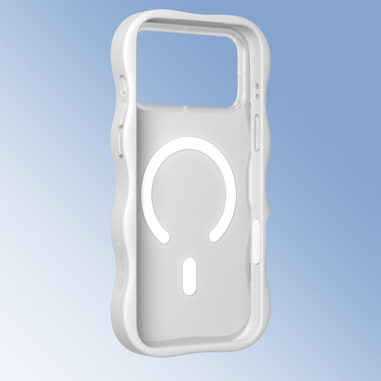 Una funda de smartphone blanca y ondulada con icono MagSafe sobre fondo azul degradado.