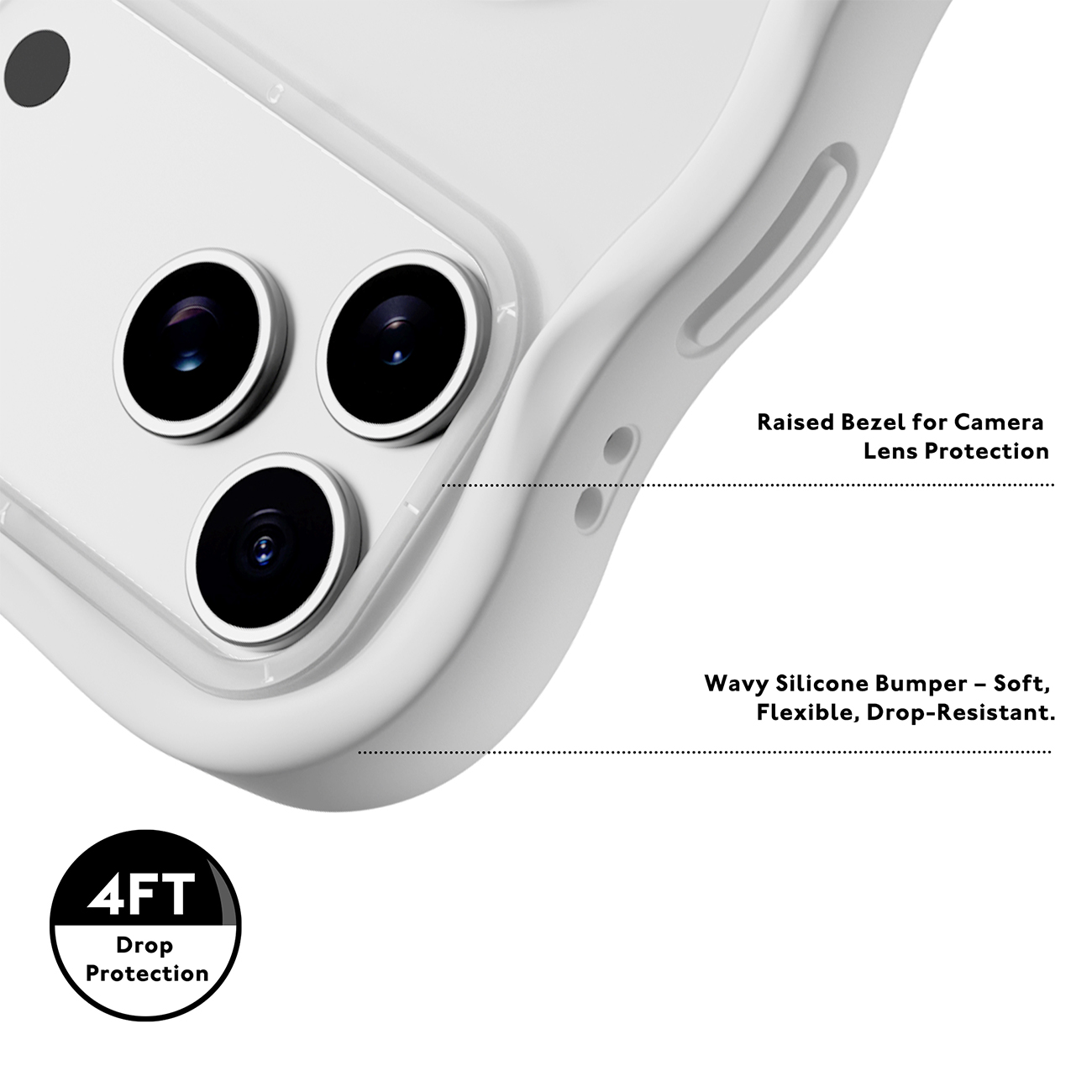 Primer plano de una funda de teléfono blanca con recorte para cámara, parachoques ondulado y protección contra caídas.
