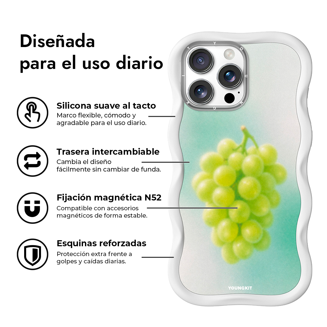 Una funda de móvil blanca con uvas verdes y texto en español.