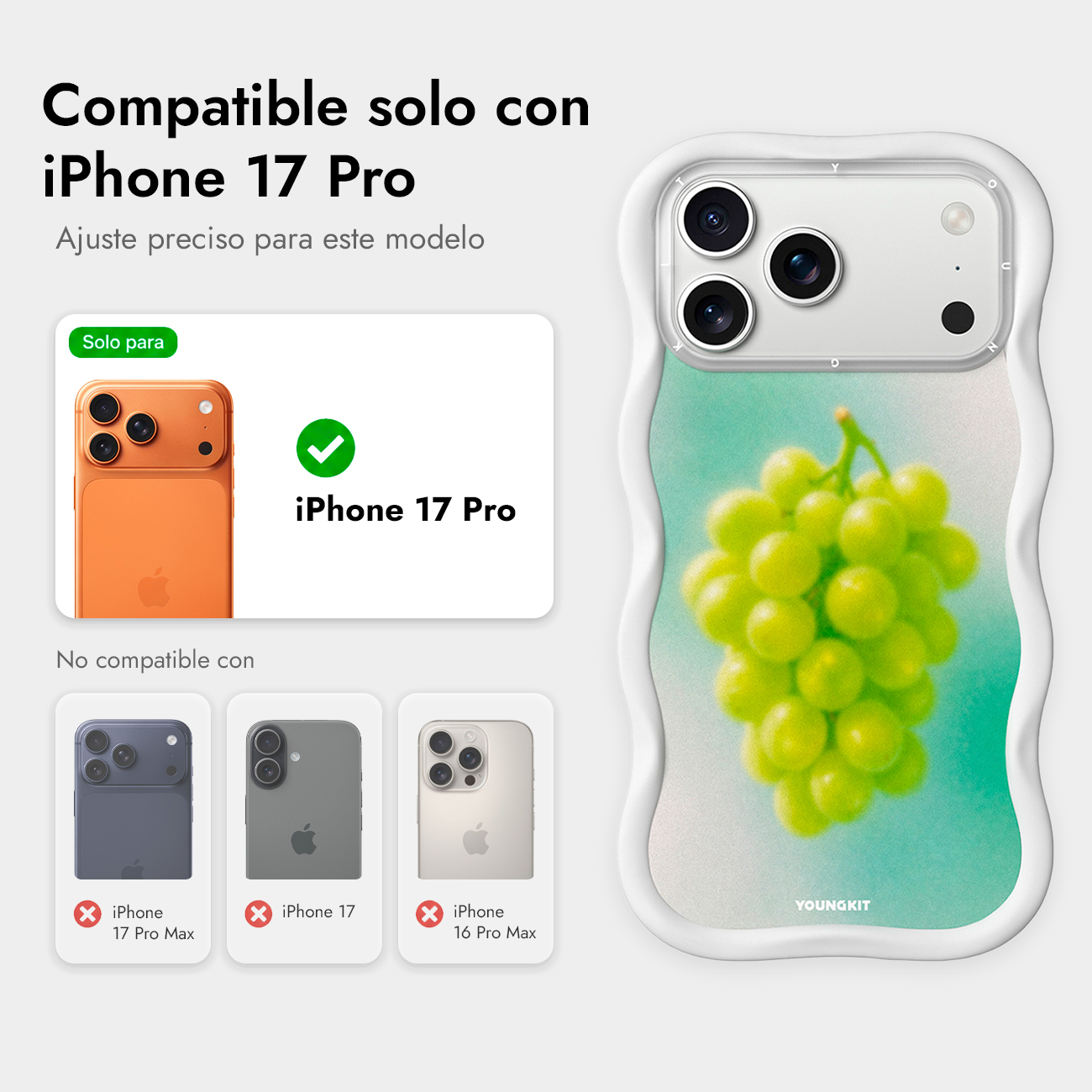 Una funda blanca con uvas verdes e información de compatibilidad para iPhone 17 Pro.