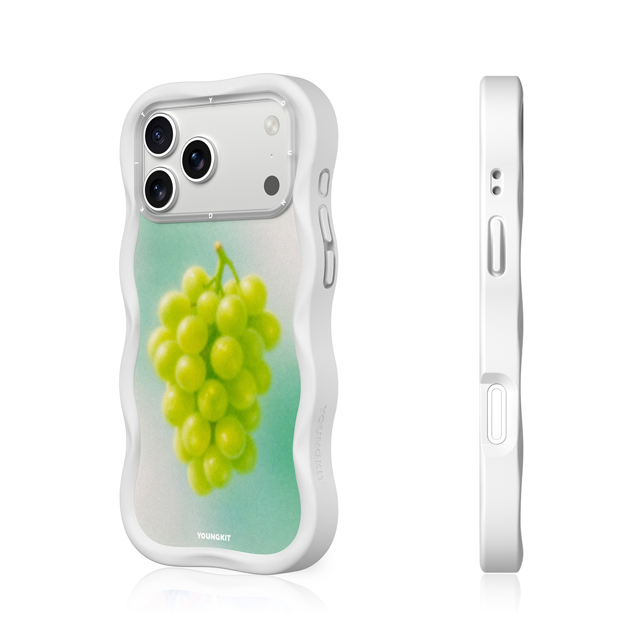 Funda de teléfono blanca ondulada con diseño de uva verde.