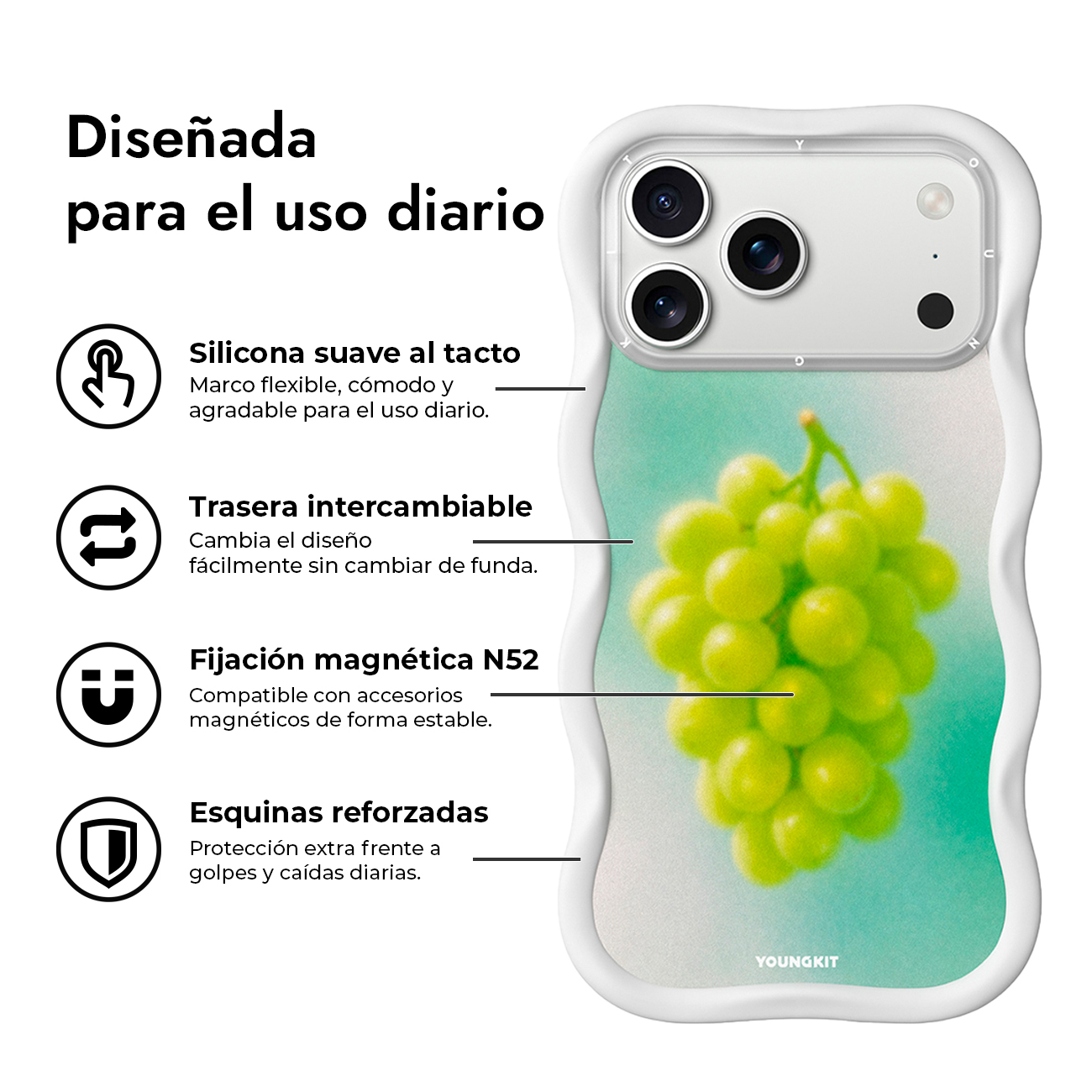 Funda de iPhone blanca ondulada con uvas verdes e iconos de características con texto en español.