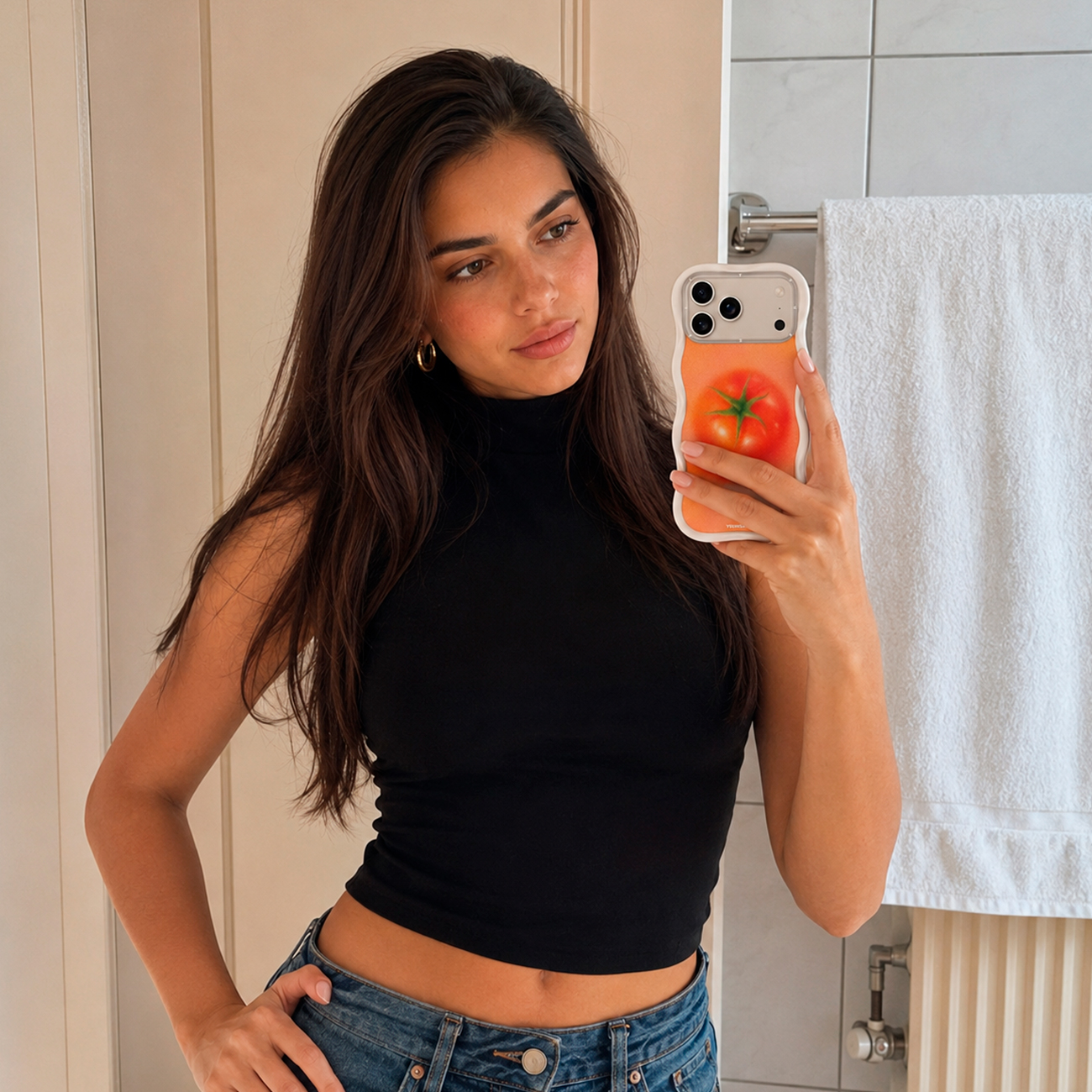 Una mujer castaña con top negro y vaqueros se hace un selfi en el espejo de un baño.
