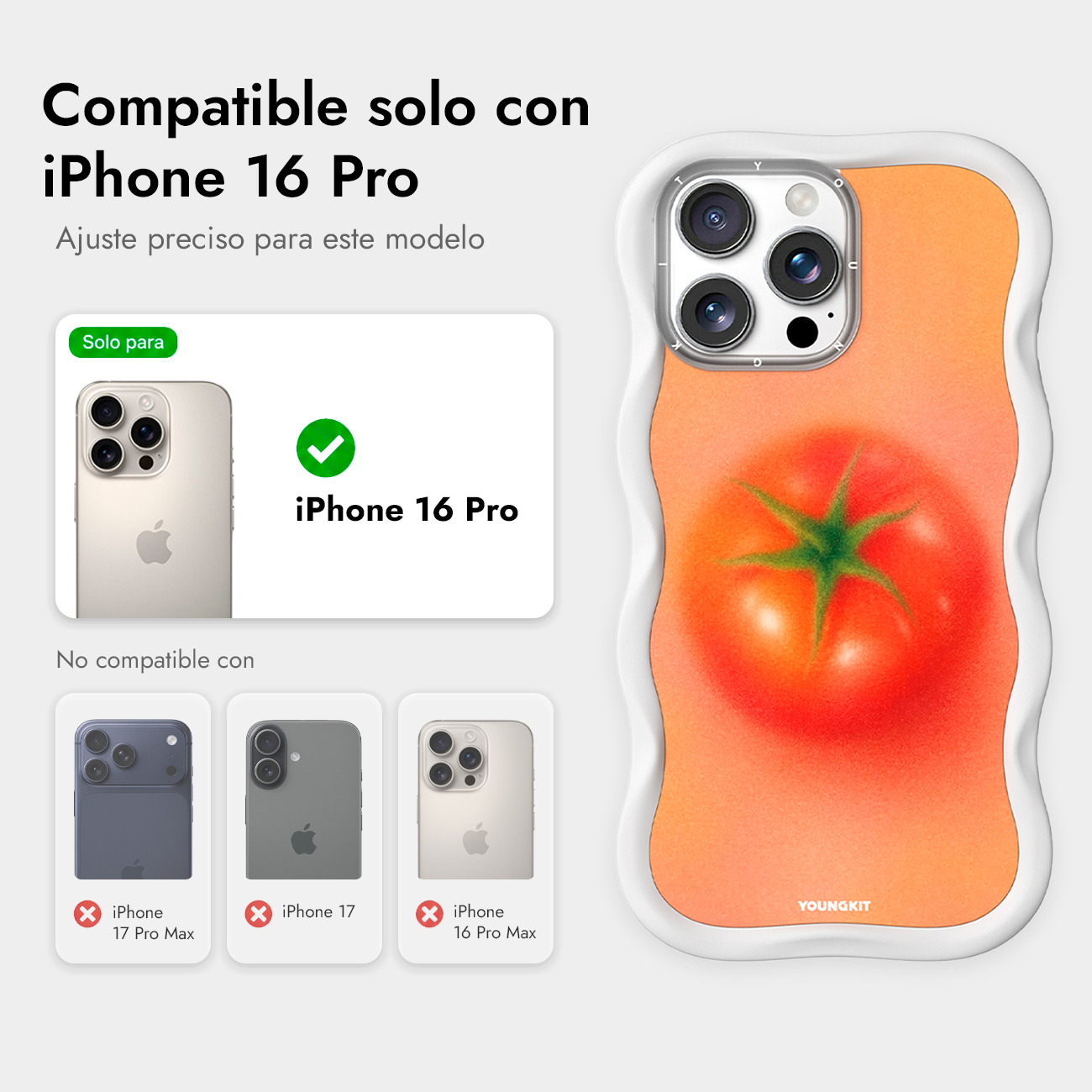 Una funda para iPhone 16 Pro con estampado de tomate y tablas de compatibilidad en español.