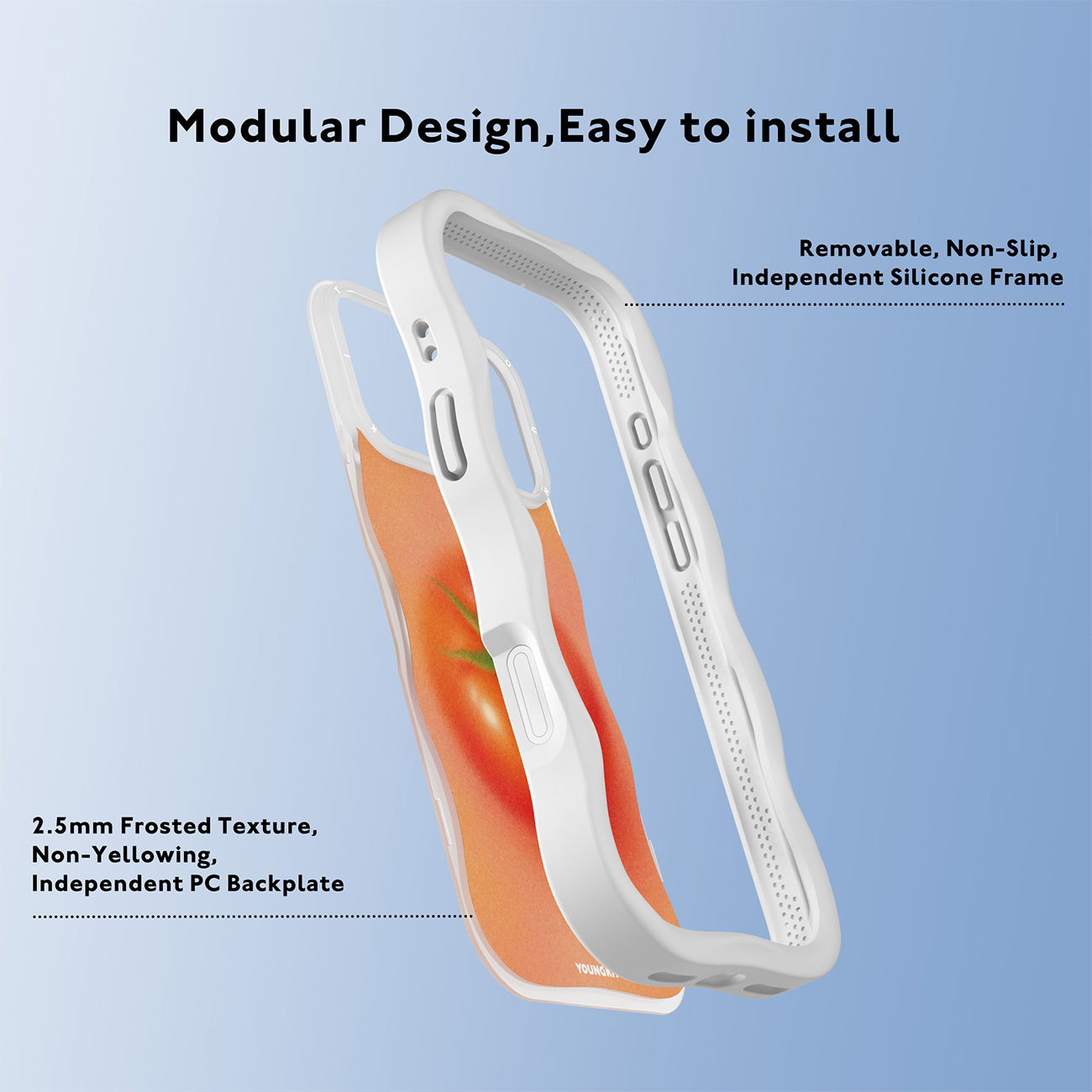 Vista explosionada de una funda modular de teléfono con marco blanco y parte trasera naranja.