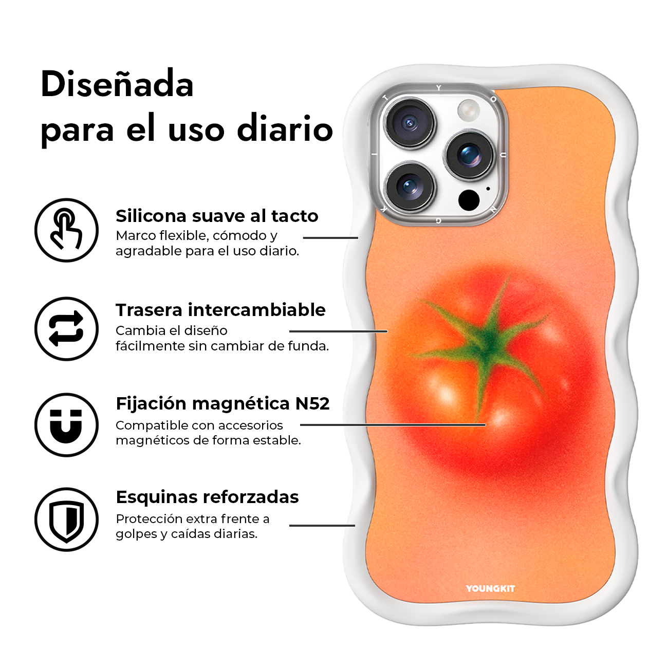 Fundas de teléfono blancas onduladas con gráfico de tomate, recortes para cámara y texto en español.
