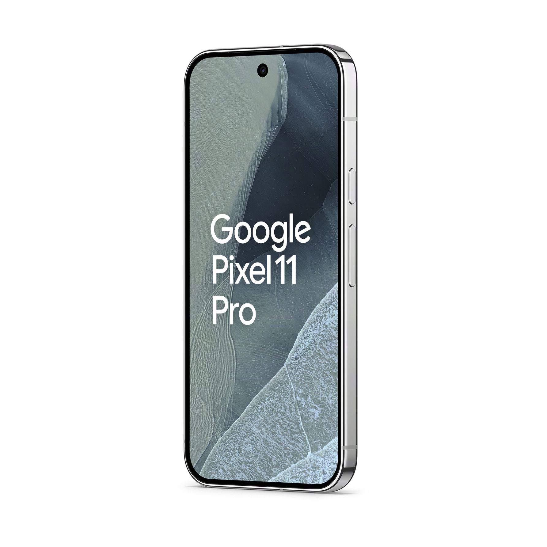 Ein silbernes Google Pixel 11 Pro Smartphone mit Text auf dem Display steht auf weißem Grund.