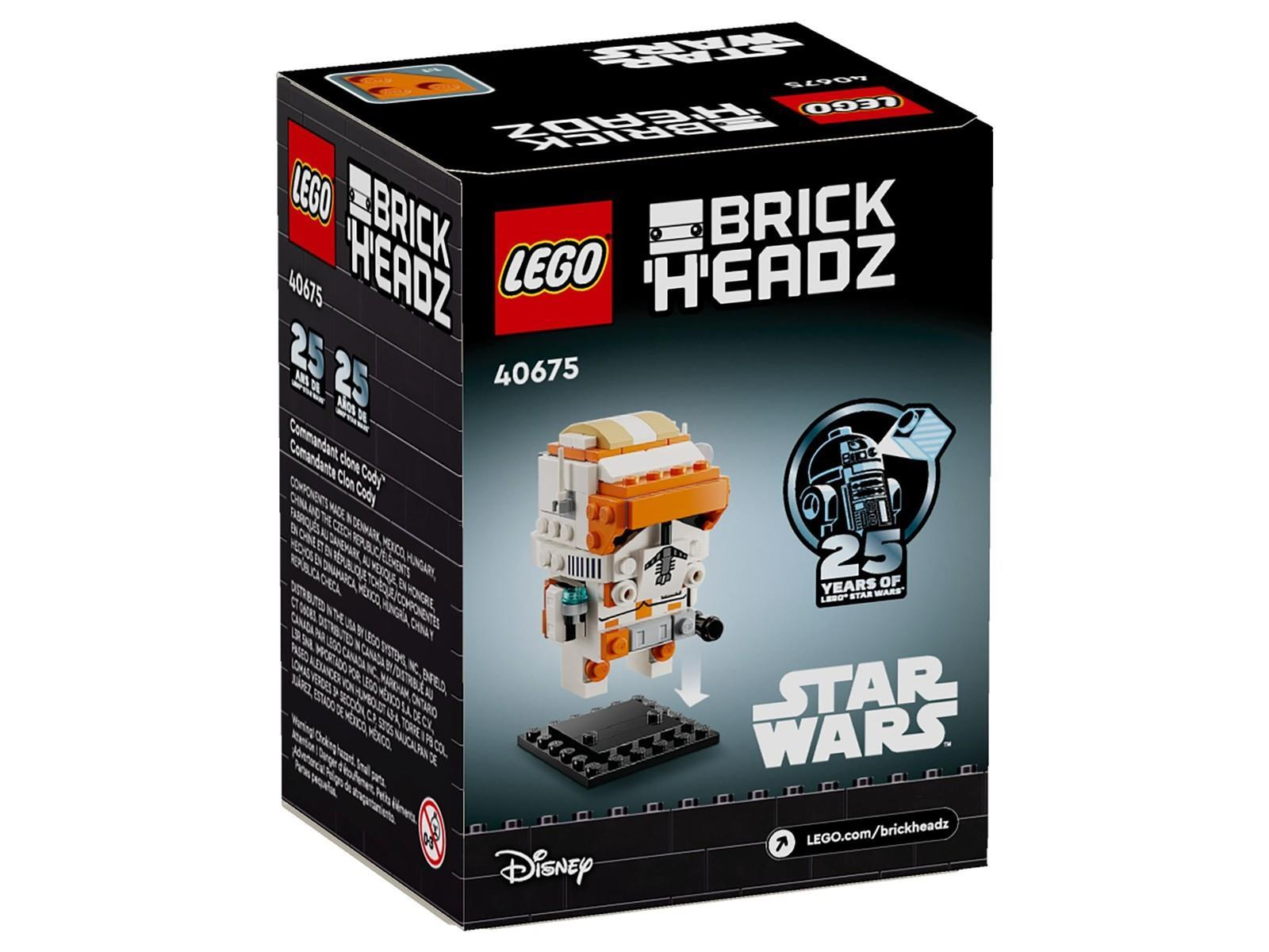 LEGO BrickHeadz Star Wars Klon-Kommandant Cody Box mit 25-Jahre-Logo und Figur auf schwarzem Sockel.