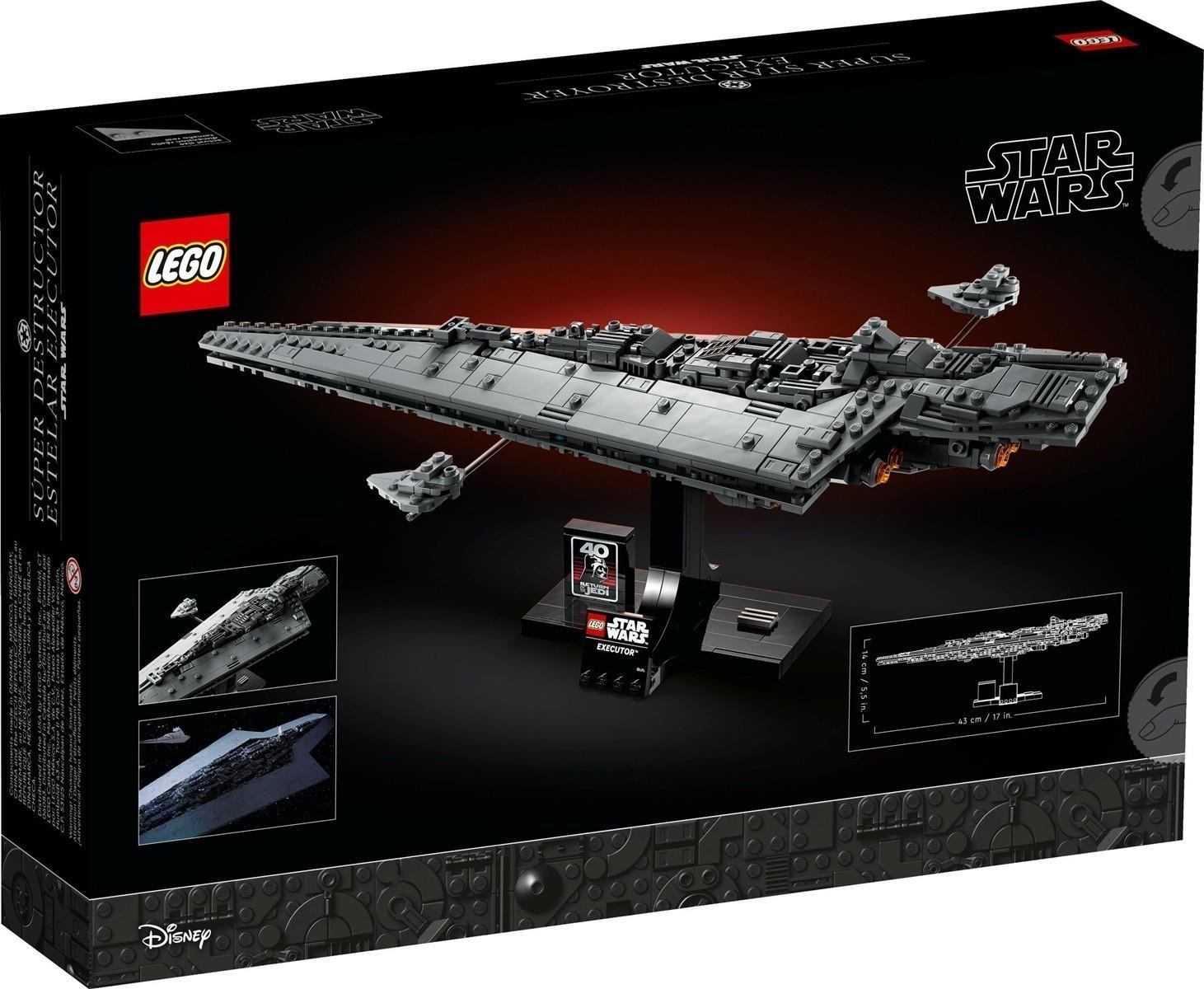 Lego Star Wars Super-Sternenzerstörer-Modell auf einem Display-Ständer in einer schwarzen Box.