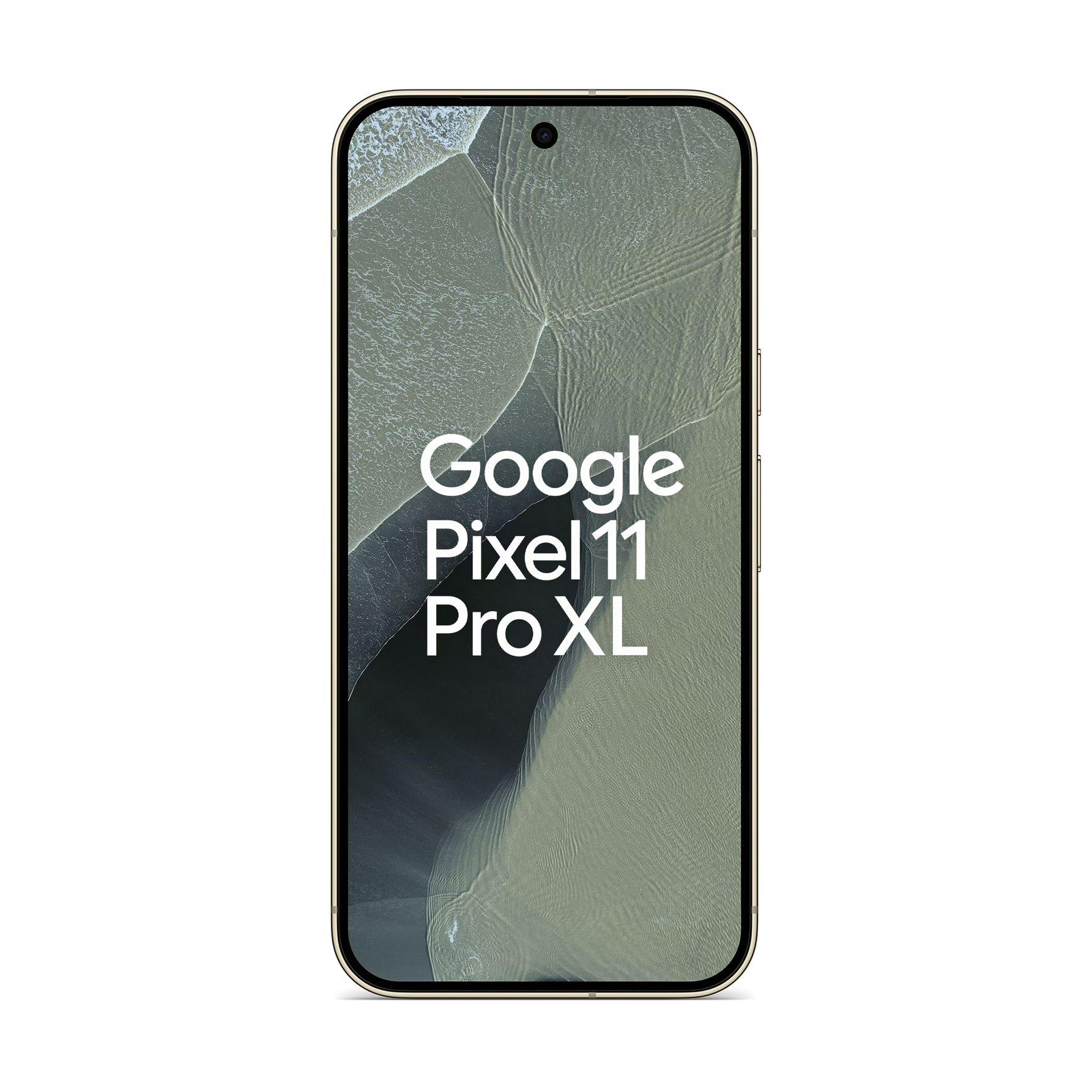 Smartfon z tekstem Google Pixel 11 Pro XL na ekranie na białym tle.