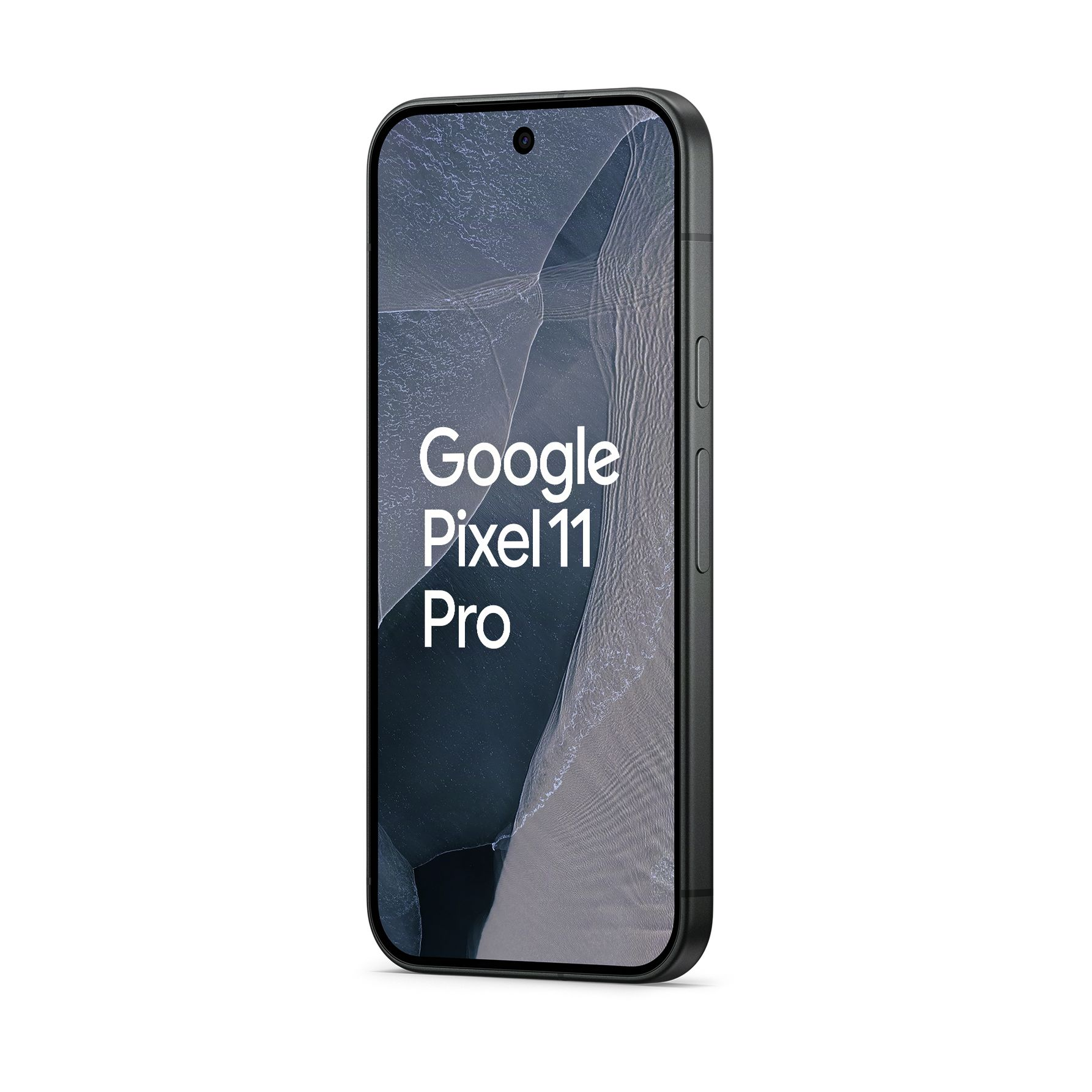 Czarny smartfon wyświetla Google Pixel 11 Pro na ekranie na białym tle.